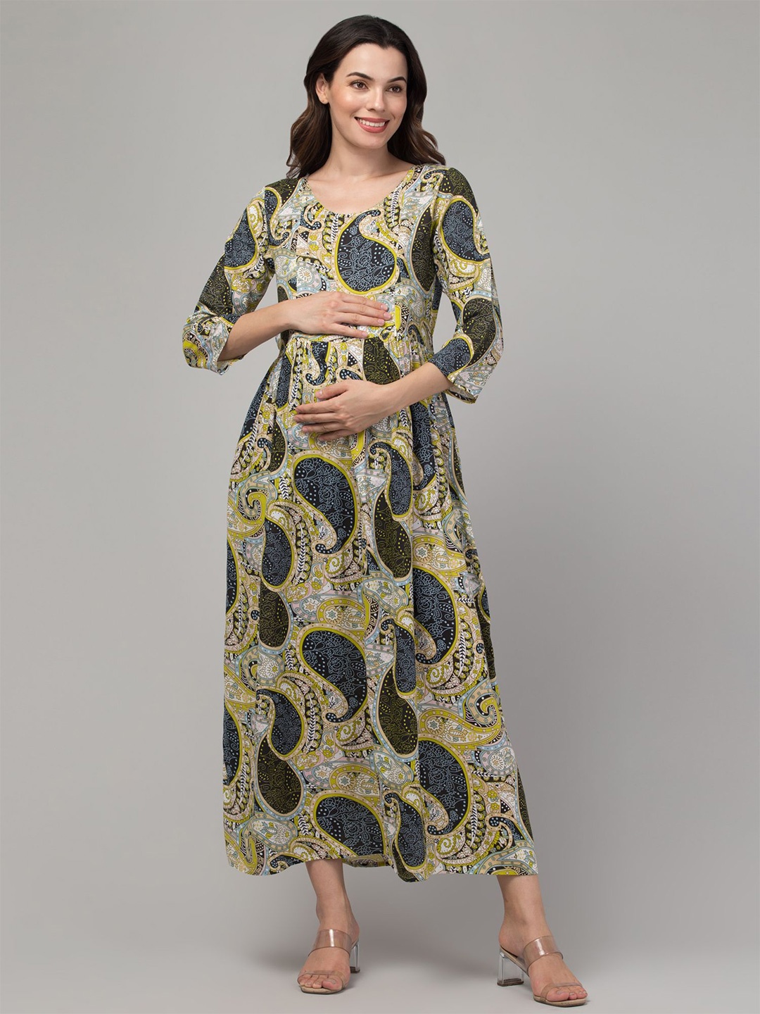 

Zuvino Women Ethnic Motifs Print Maternity Fit & Flare Maxi Dress, Green