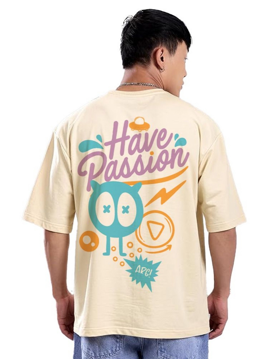 

VIXENLY Men Cotton Solid Printed Oversized T-shirt, Cream
