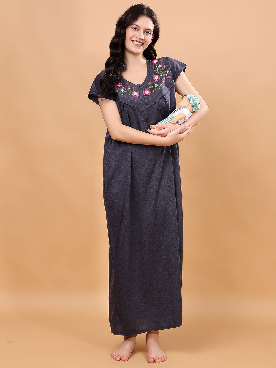 

NIGHT KEYS Women Maxi Maternity Nightdress, Navy blue