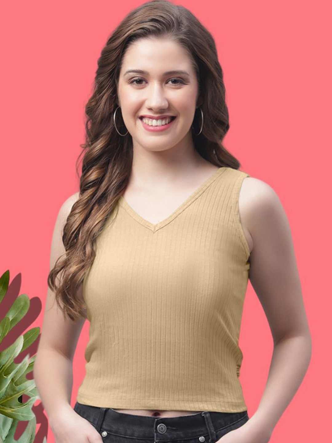 

FBAR Women Striped Cotton V-neck Sleeveless Crop Top, Beige