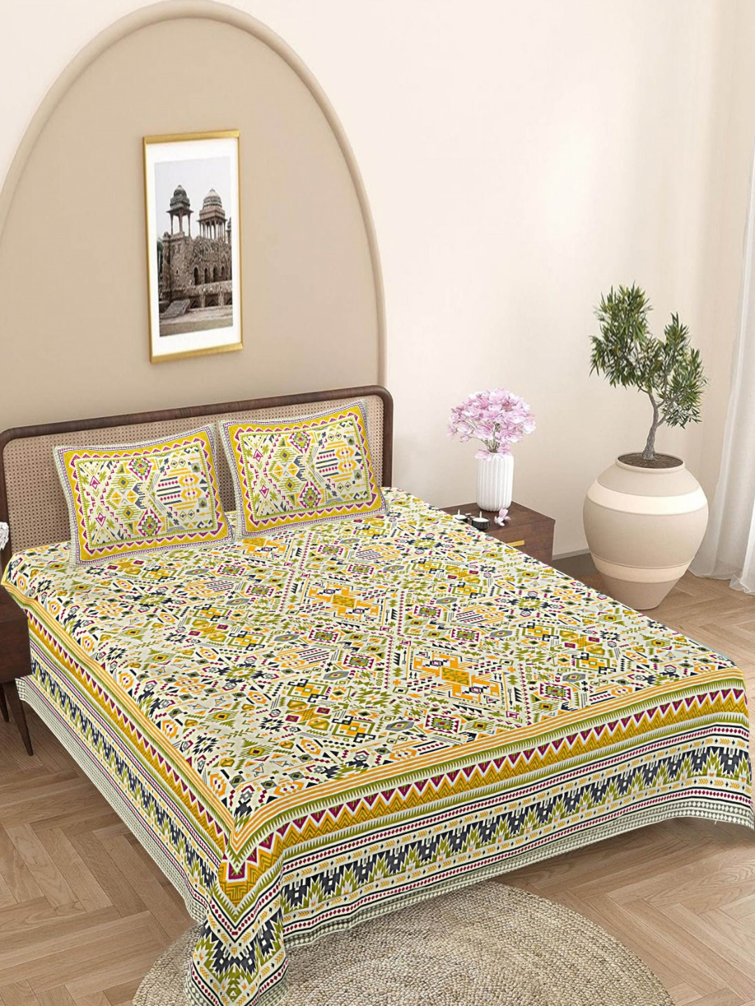 

FrionKandy Living Yellow & Pink Printed 180 TC Cotton King Bedsheet Set 2.12 m x 2.62 m