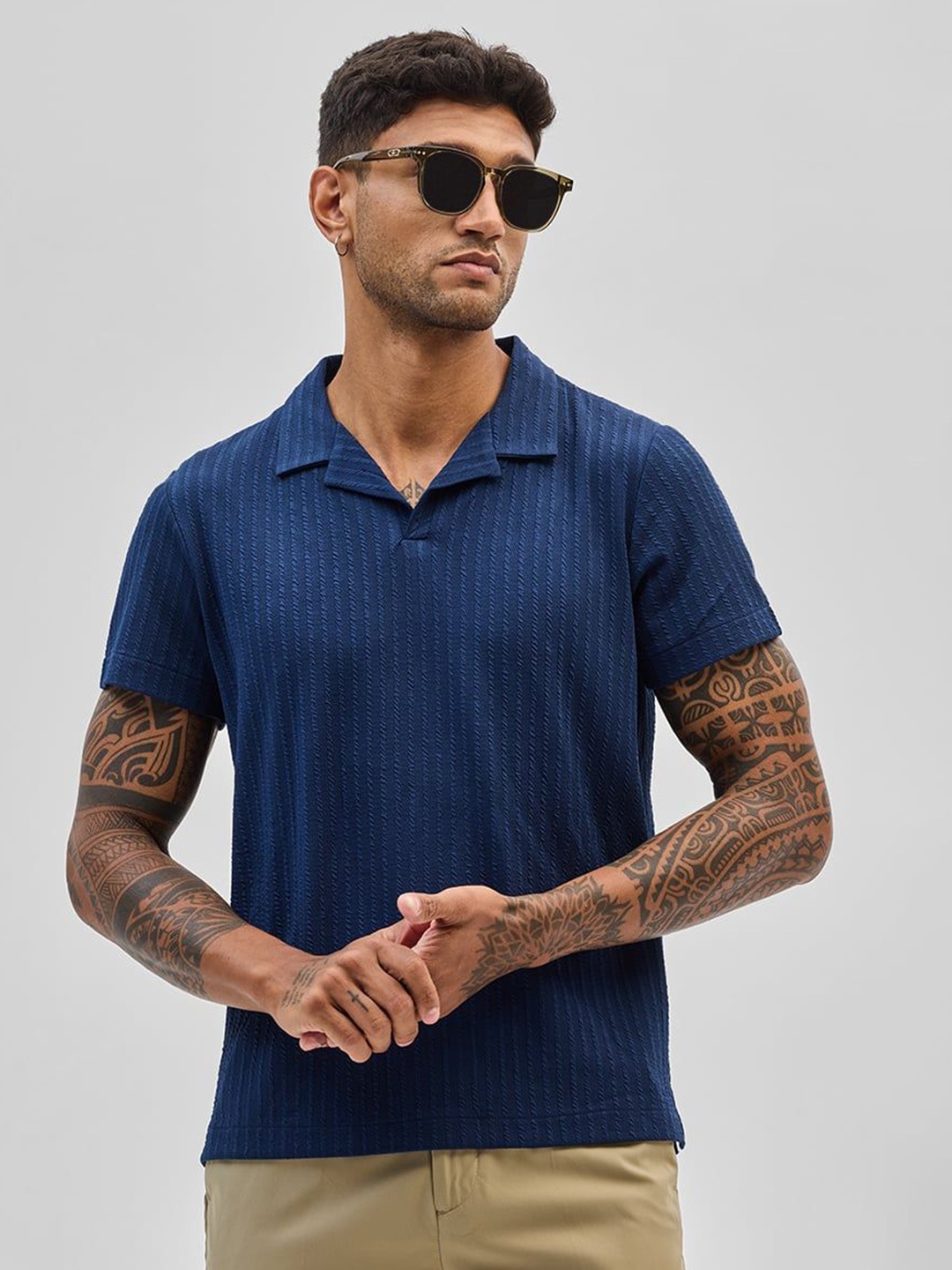 

Snitch Men Self Design Polo Collar Slim Fit T-shirt, Blue