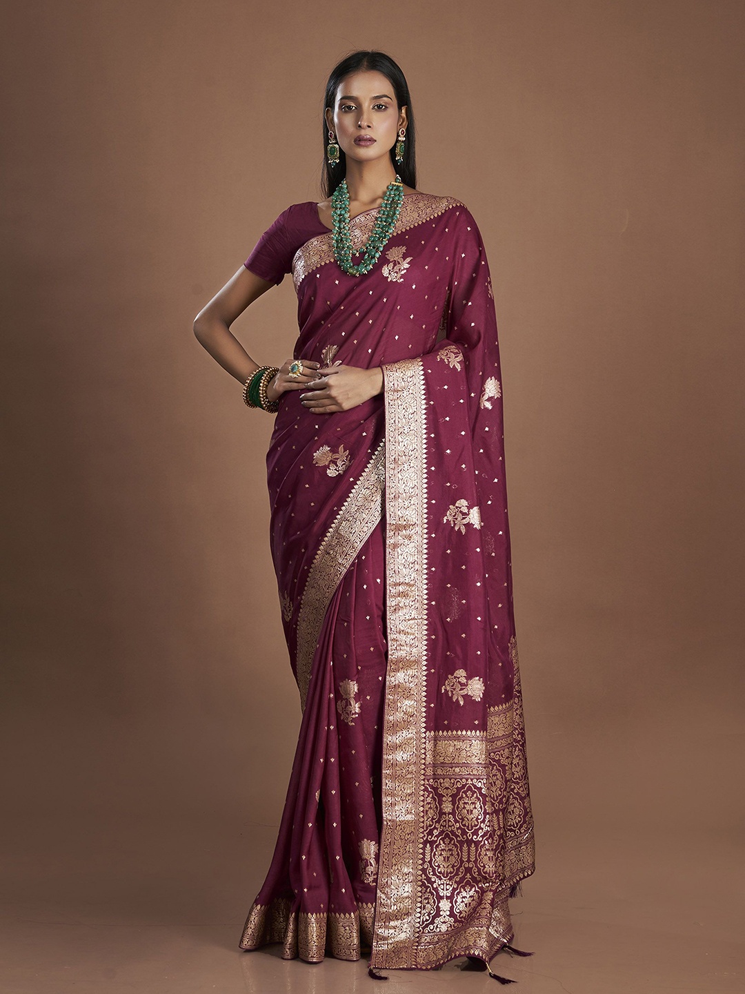 

ISHKIYA Ethnic Motifs Zari Pure Silk Khadi Saree, Burgundy