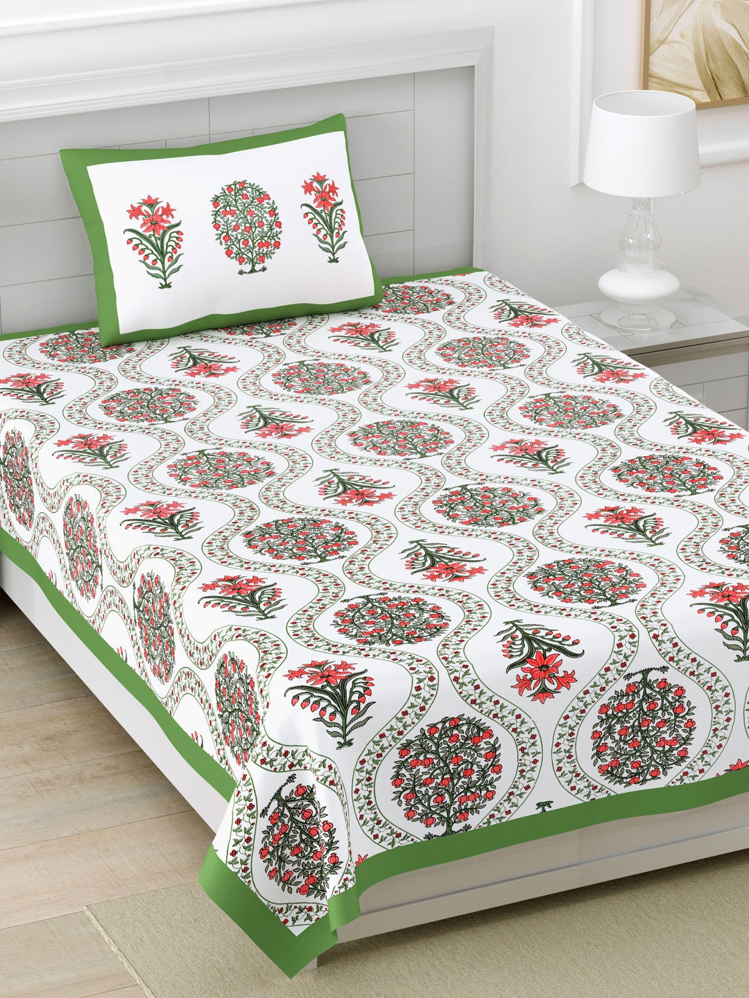 

Urban Jaipur White & Green Floral 210 TC Cotton Single Bedsheet with 1 Pillow Covers