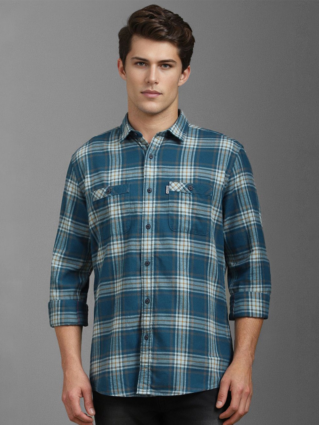 

Louis Philippe Jeans Men Spread Collar Checks Printed Cotton Slim Fit Casual Shirt, Blue