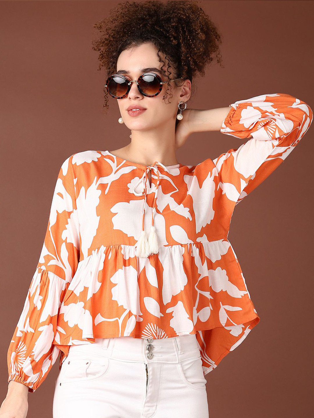 

V-Mart Women Abstract Printed Cotton Top, Orange
