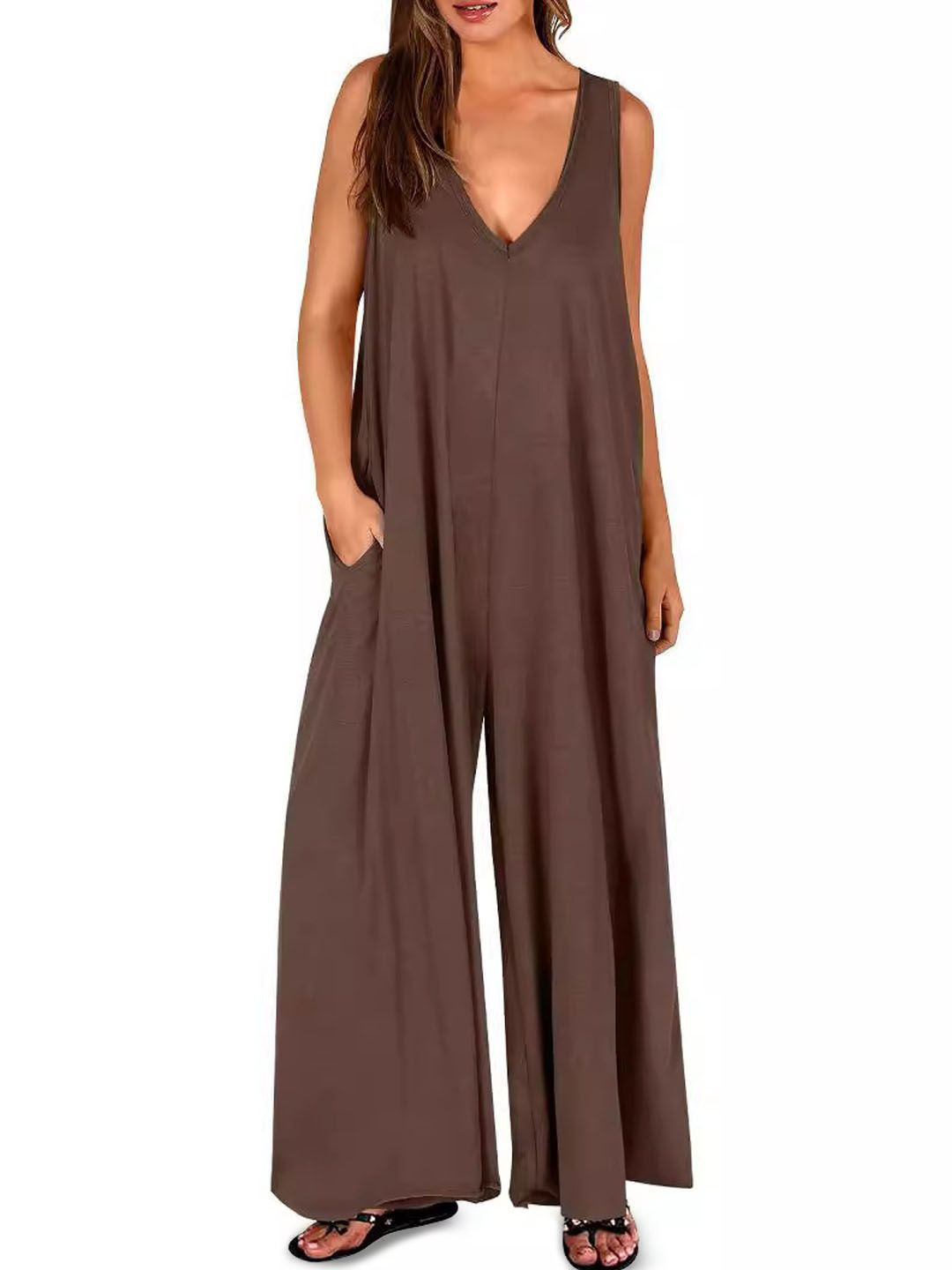 

StyleCast Women V-Neck Sleeveless Basic Jumpsuit, Coffee brown