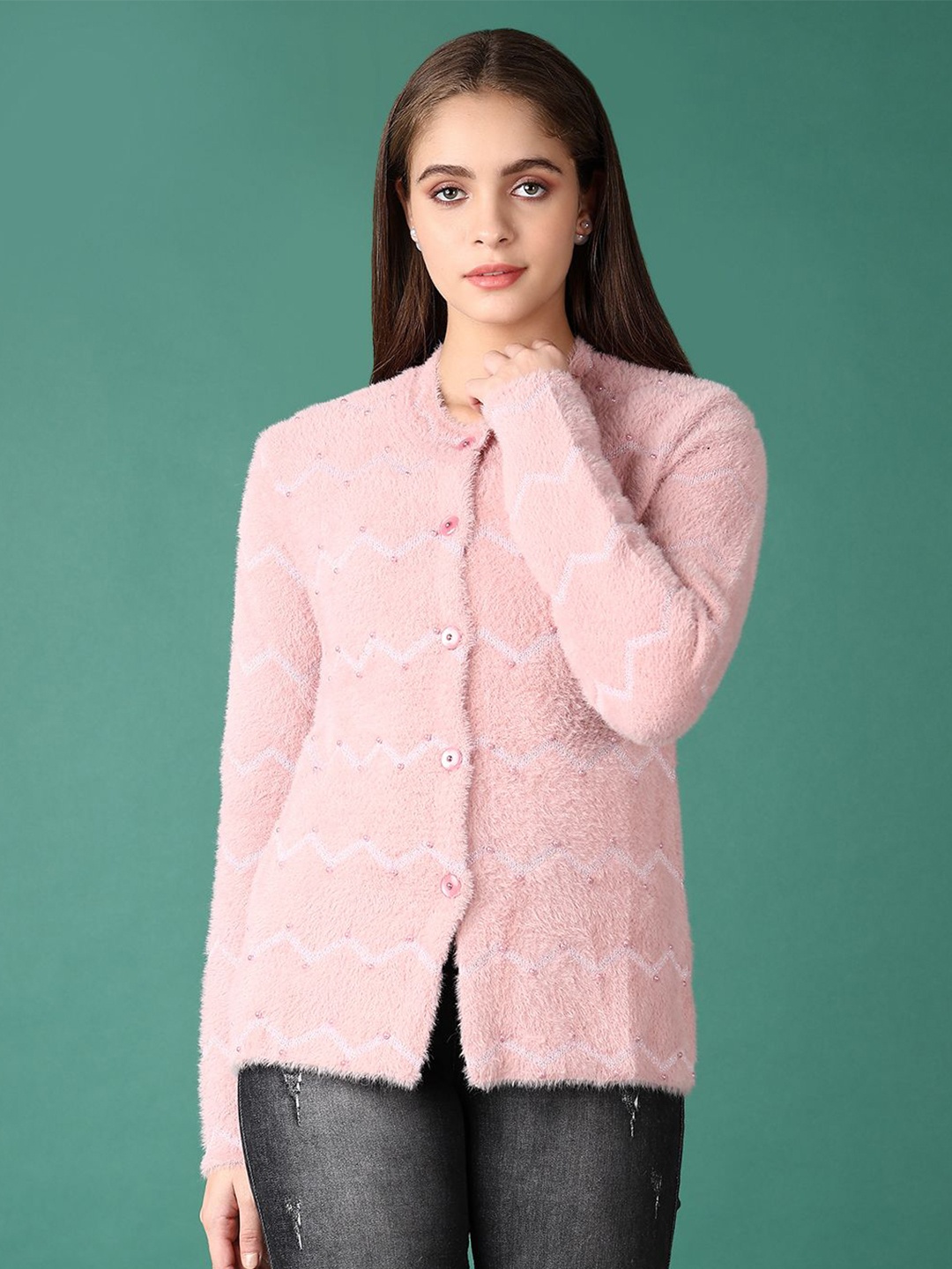 

V-Mart Women Striped Cardigan, Pink