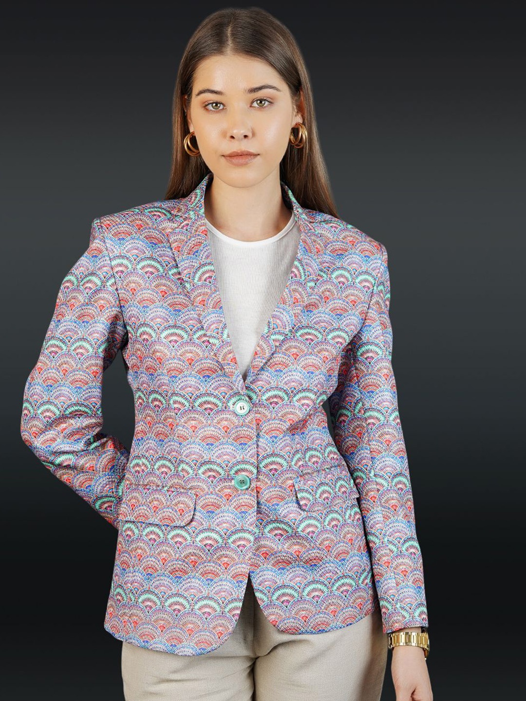 

INDOPHILIA Printed Notched Lapel Single-Breasted Blazer, Blue