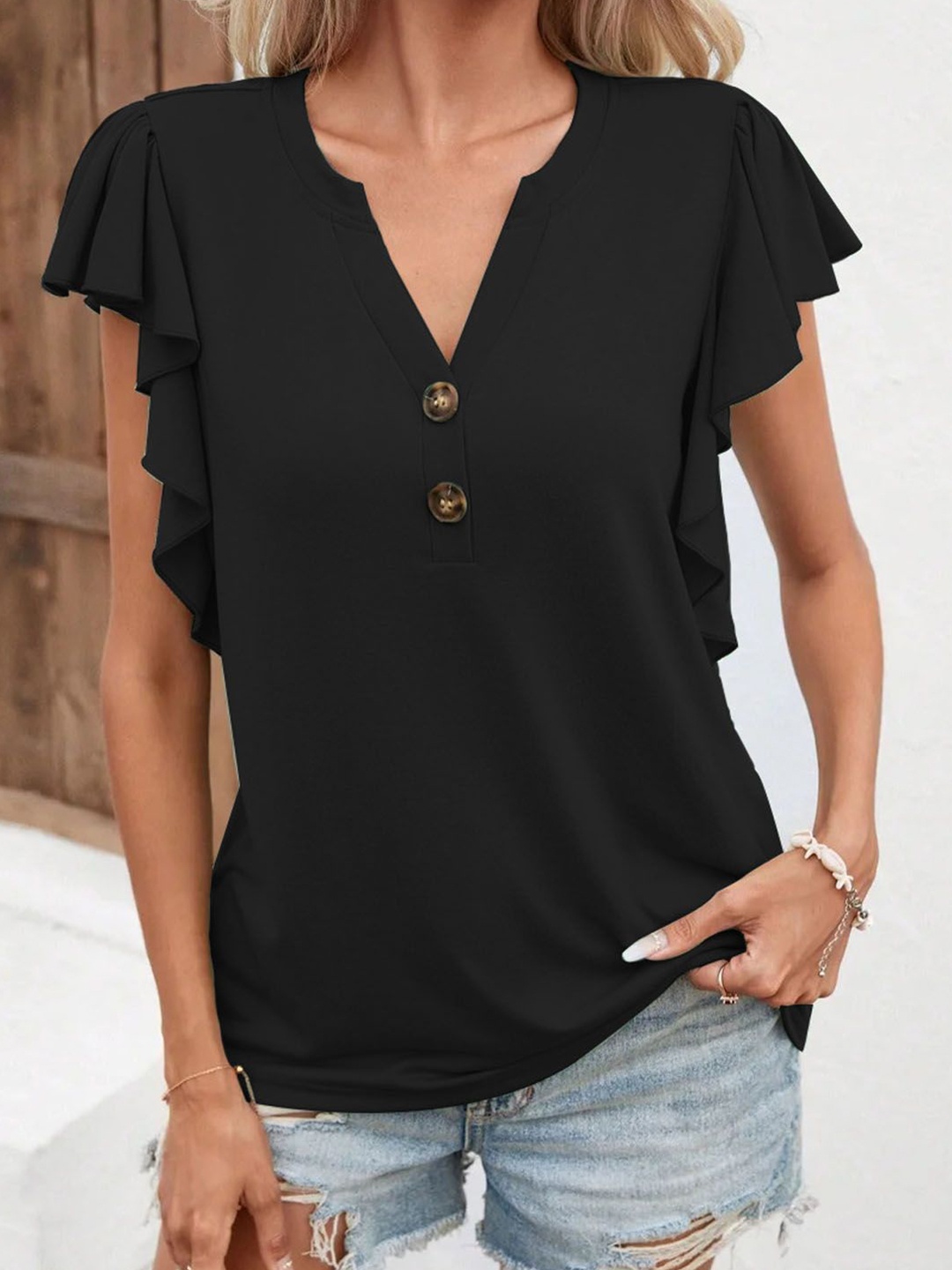 

StyleCast Women V-Neck Flutter Sleeve Top, Black