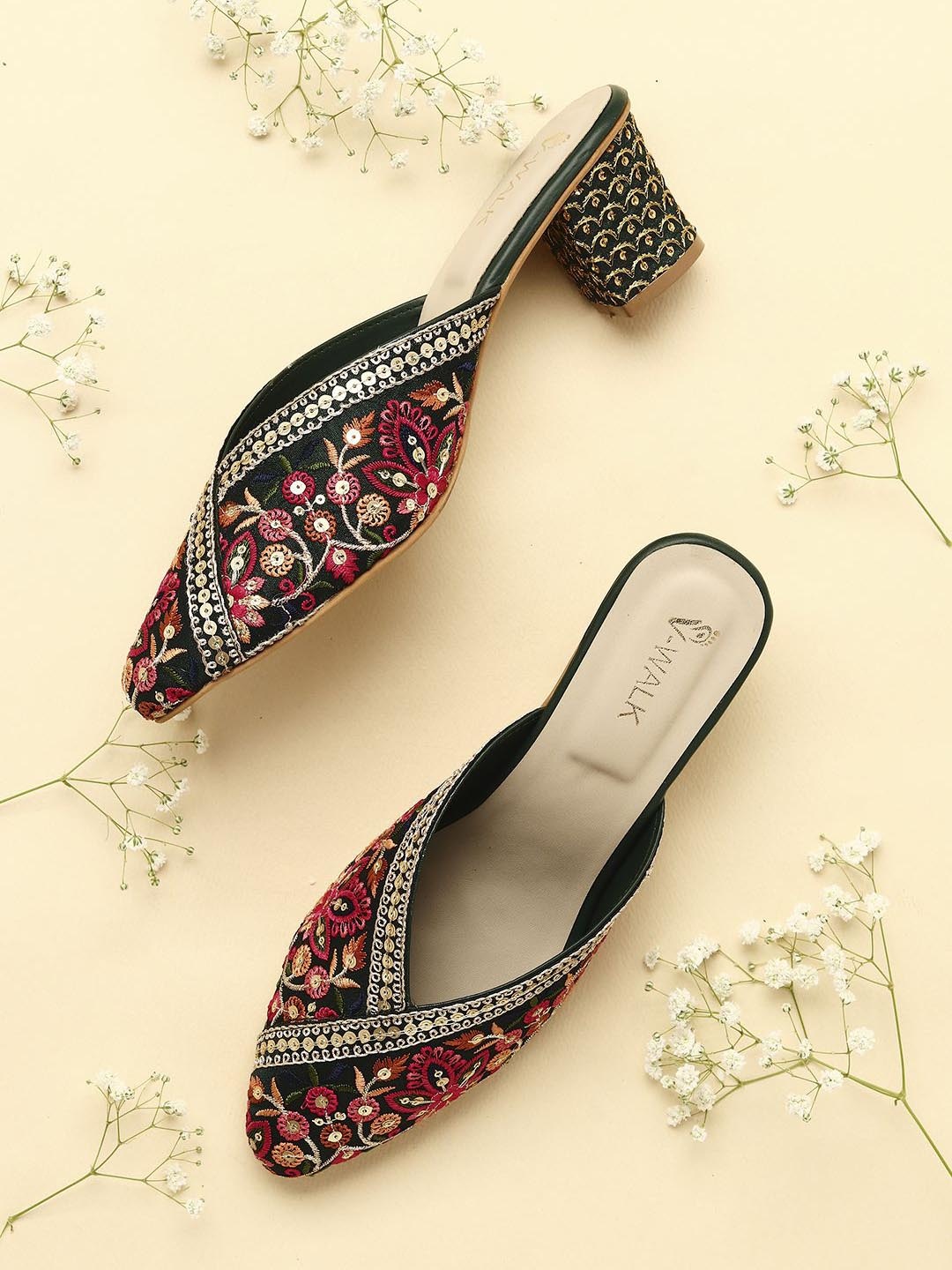 

V-WALK Women Floral Embroidered Ethnic Mules, Maroon