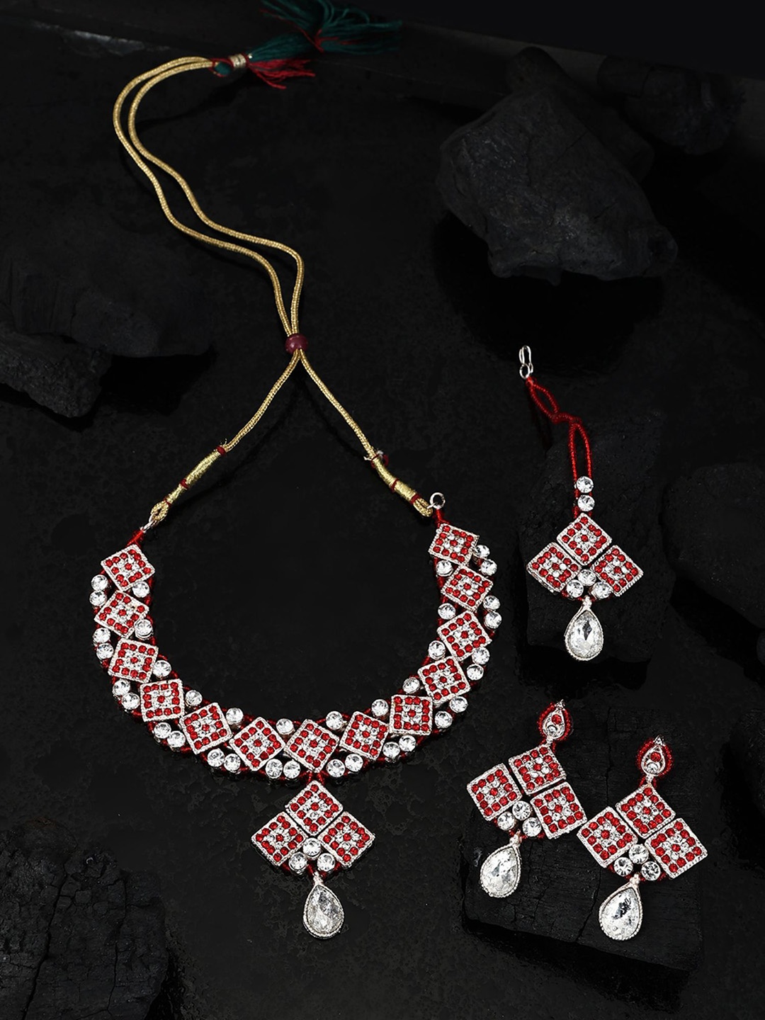 

Anouk Gold-Plated Stone-Studded Necklace and Earrings With Maang Tika