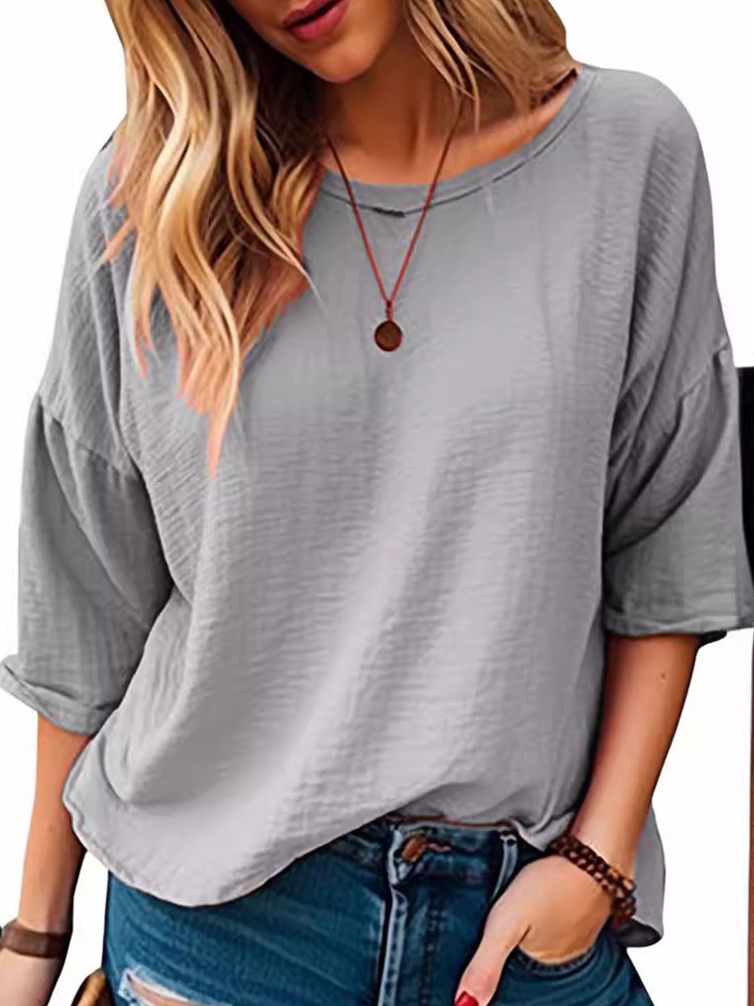 

StyleCast Women Round Neck Three-Quarter Sleeves Top, Grey