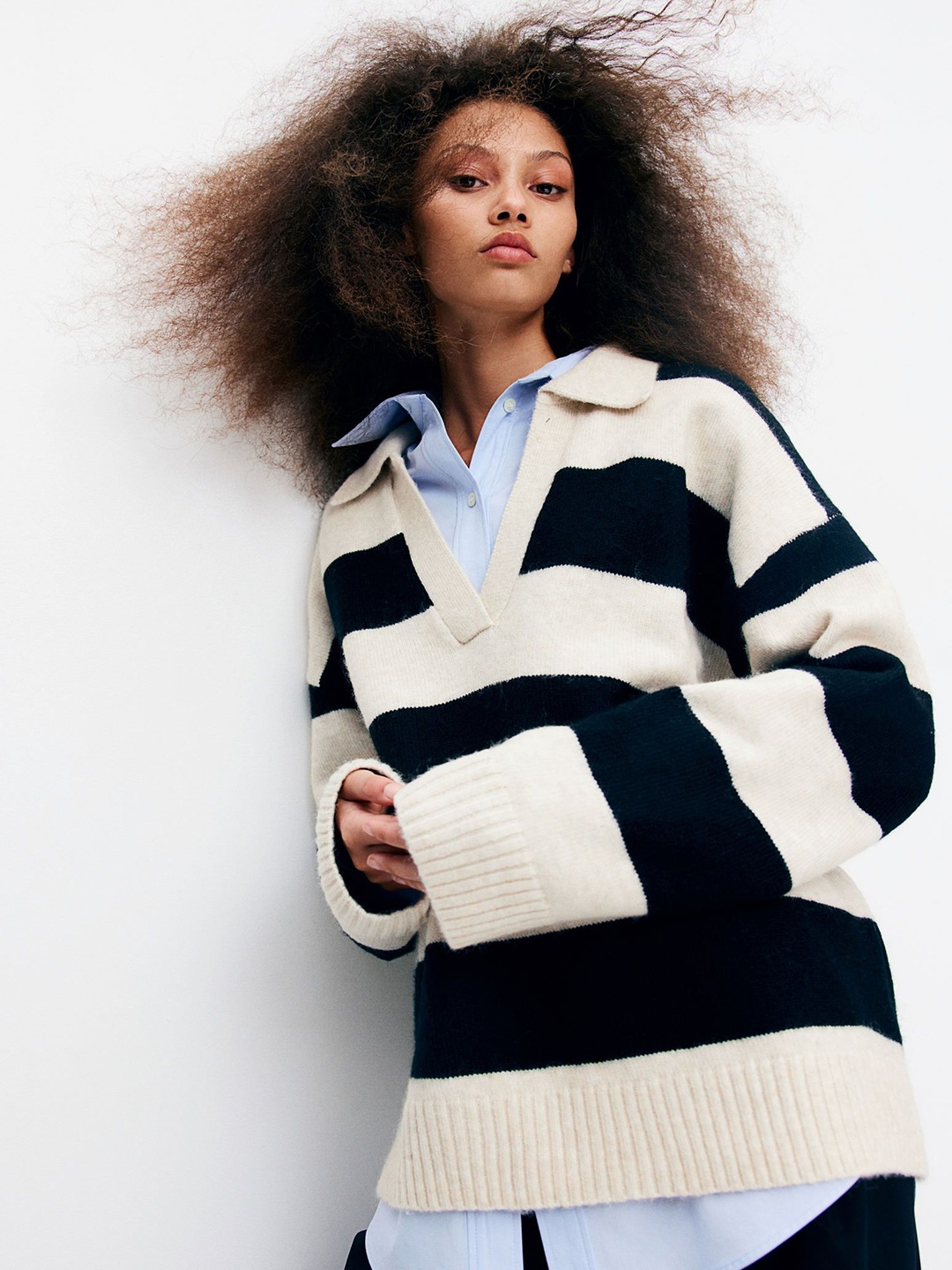

H&M Fine-Knit Collared Jumper, Beige