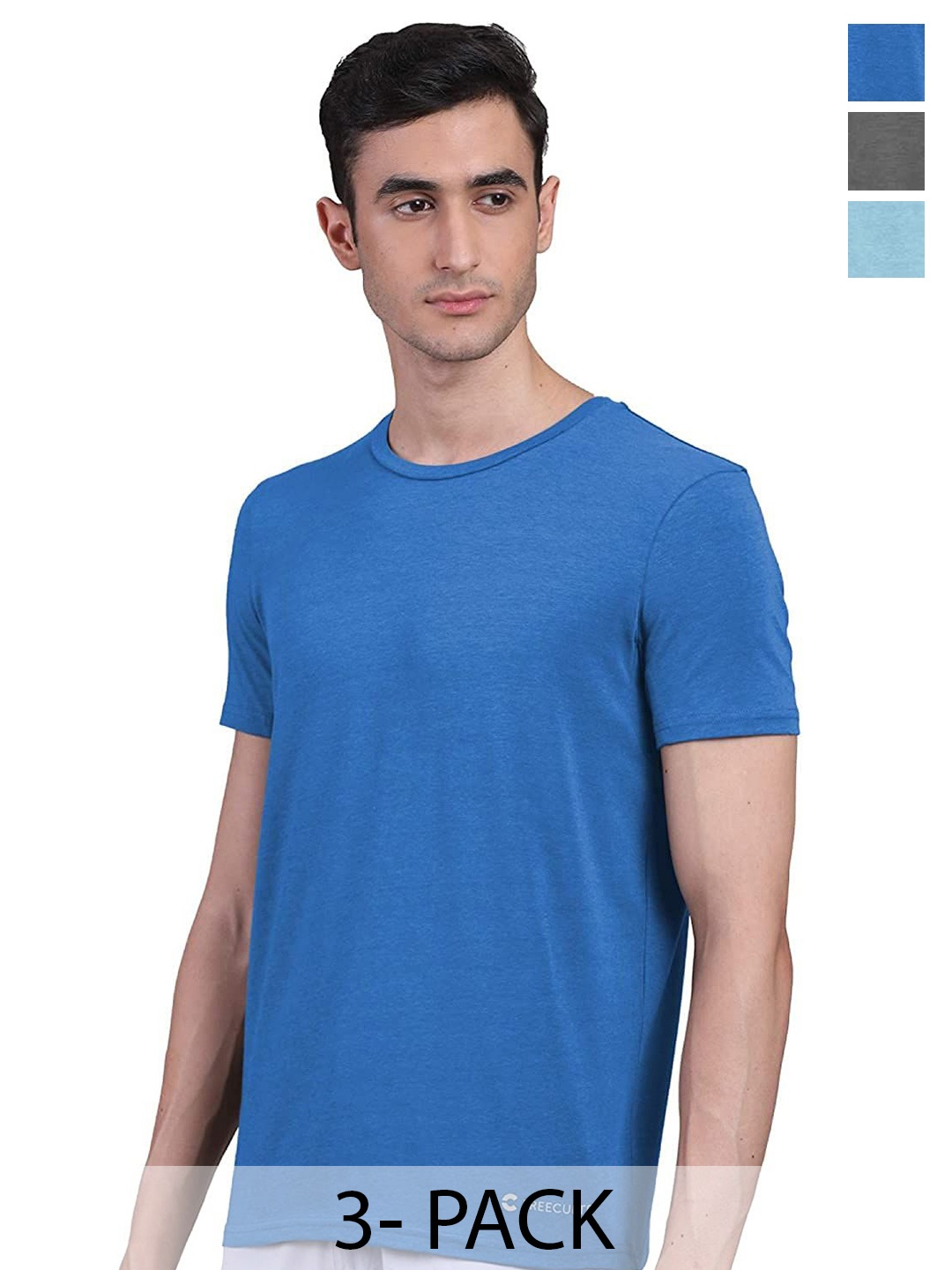 

FREECULTR Men Pack Of 3 Solid Round Neck T-shirts, Blue