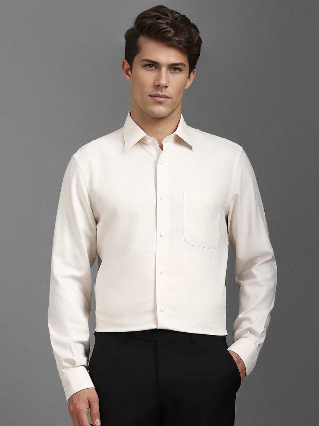 

Louis Philippe Men Classic Spread Collar Geometric Printed Cotton Formal Shirt, Beige