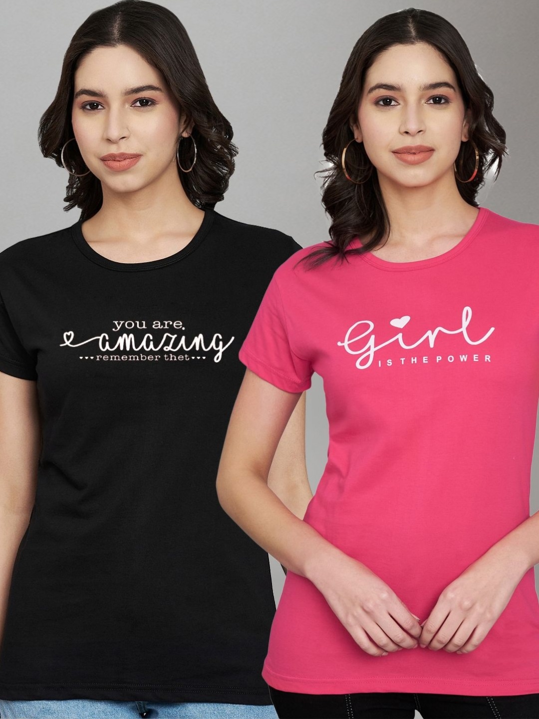 

Trend Level Women Pack Of 2 Geometric Printed Round Neck Cotton T-shirts, Black