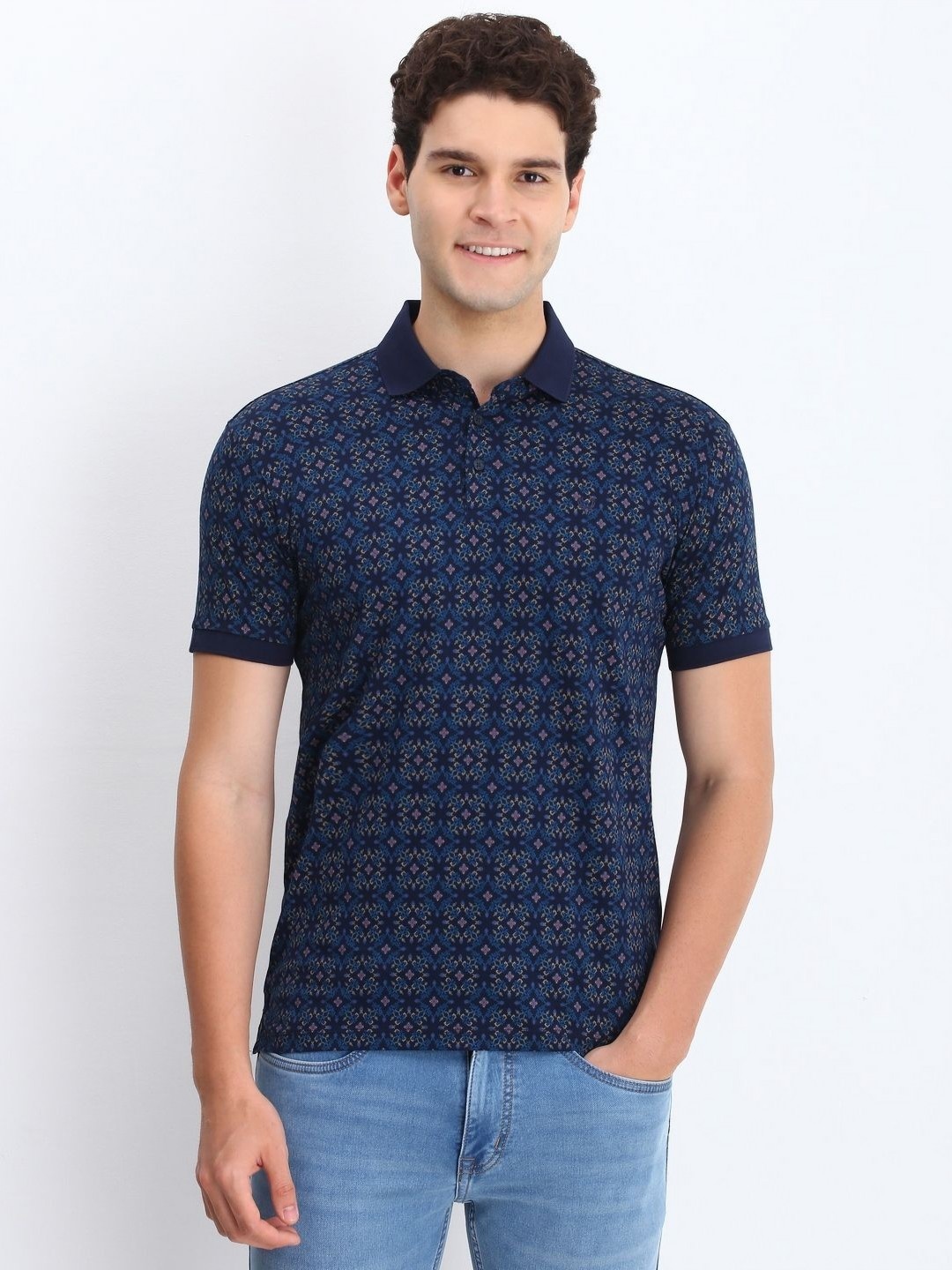 

Allen Solly Men Floral Printed Polo Collar Cotton T-shirt, Navy blue