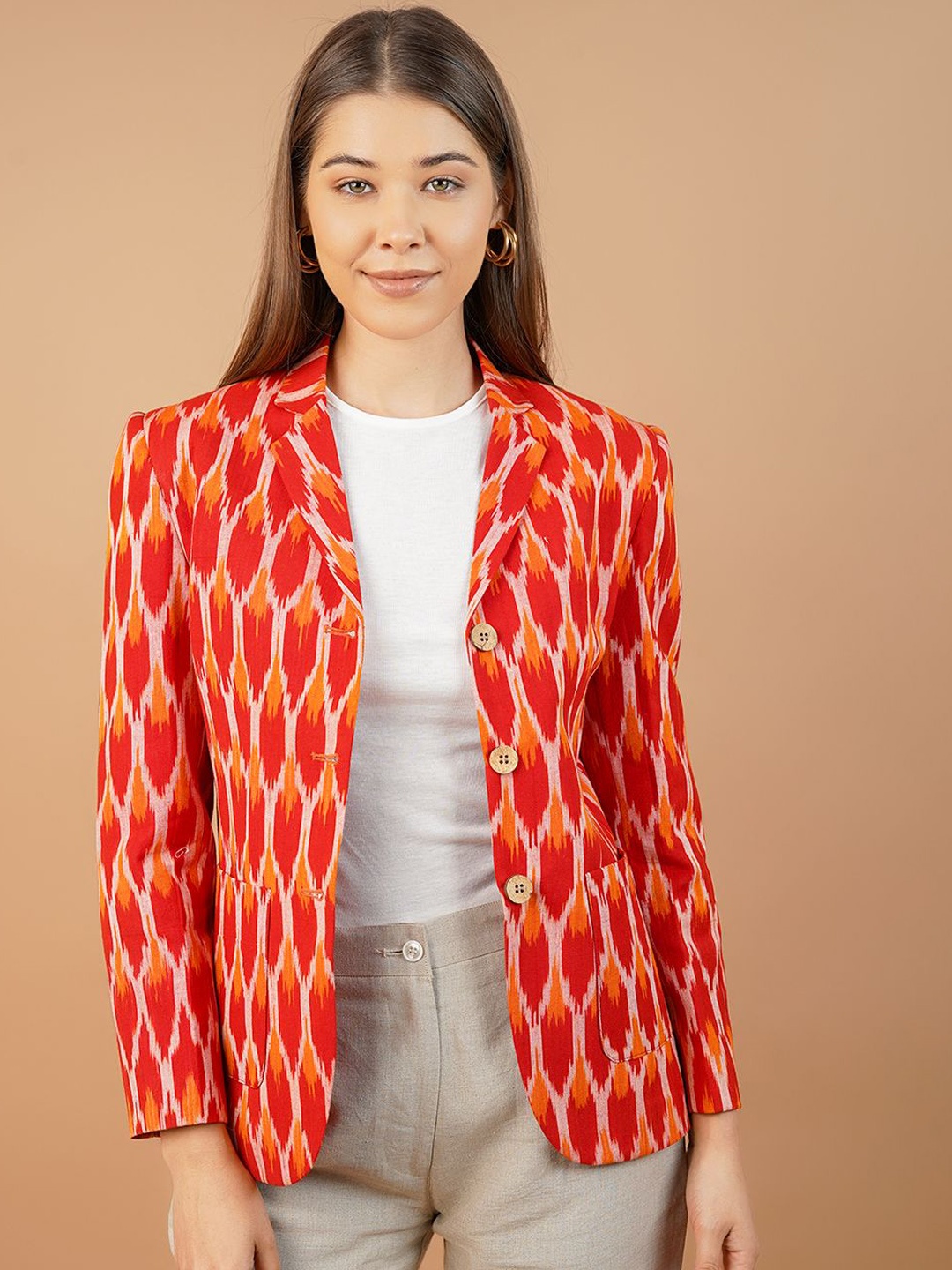 

INDOPHILIA Ikat Printed Cotton Notched Lapel Collar Cotton Single Breasted Blazer, Red