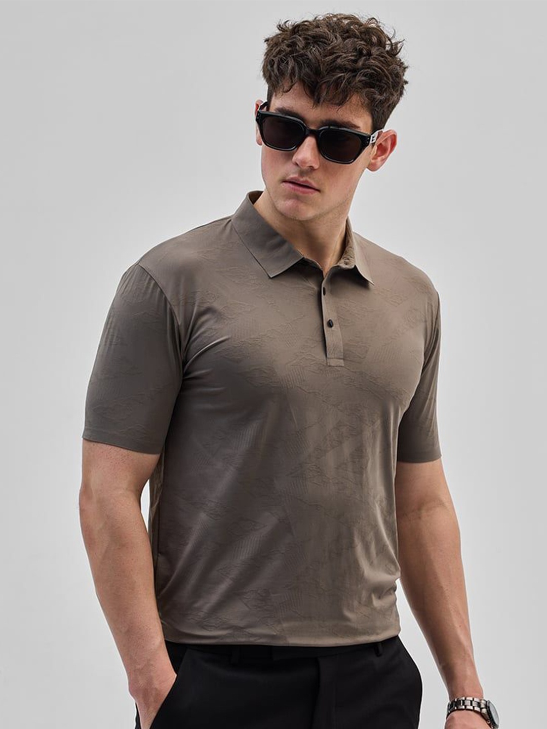 

Snitch Men Self Design Polo Collar Slim Fit T-shirt, Brown