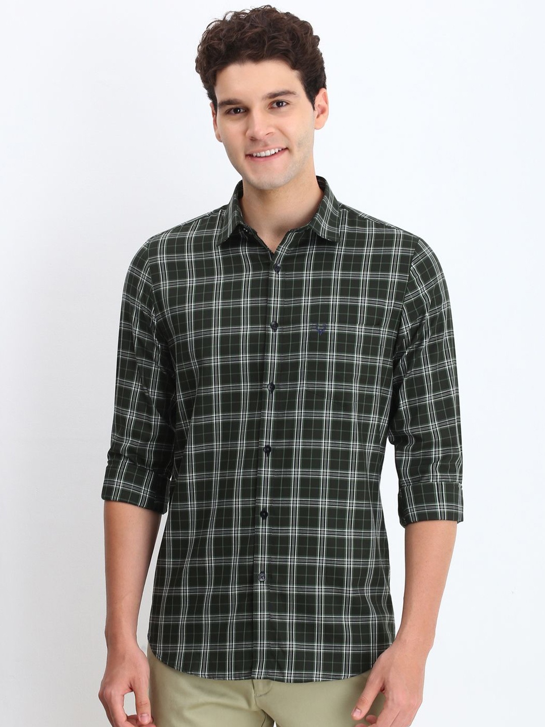 

Allen Solly Men Spread Collar Tartan Checked Cotton Slim Fit Casual Shirt, Olive