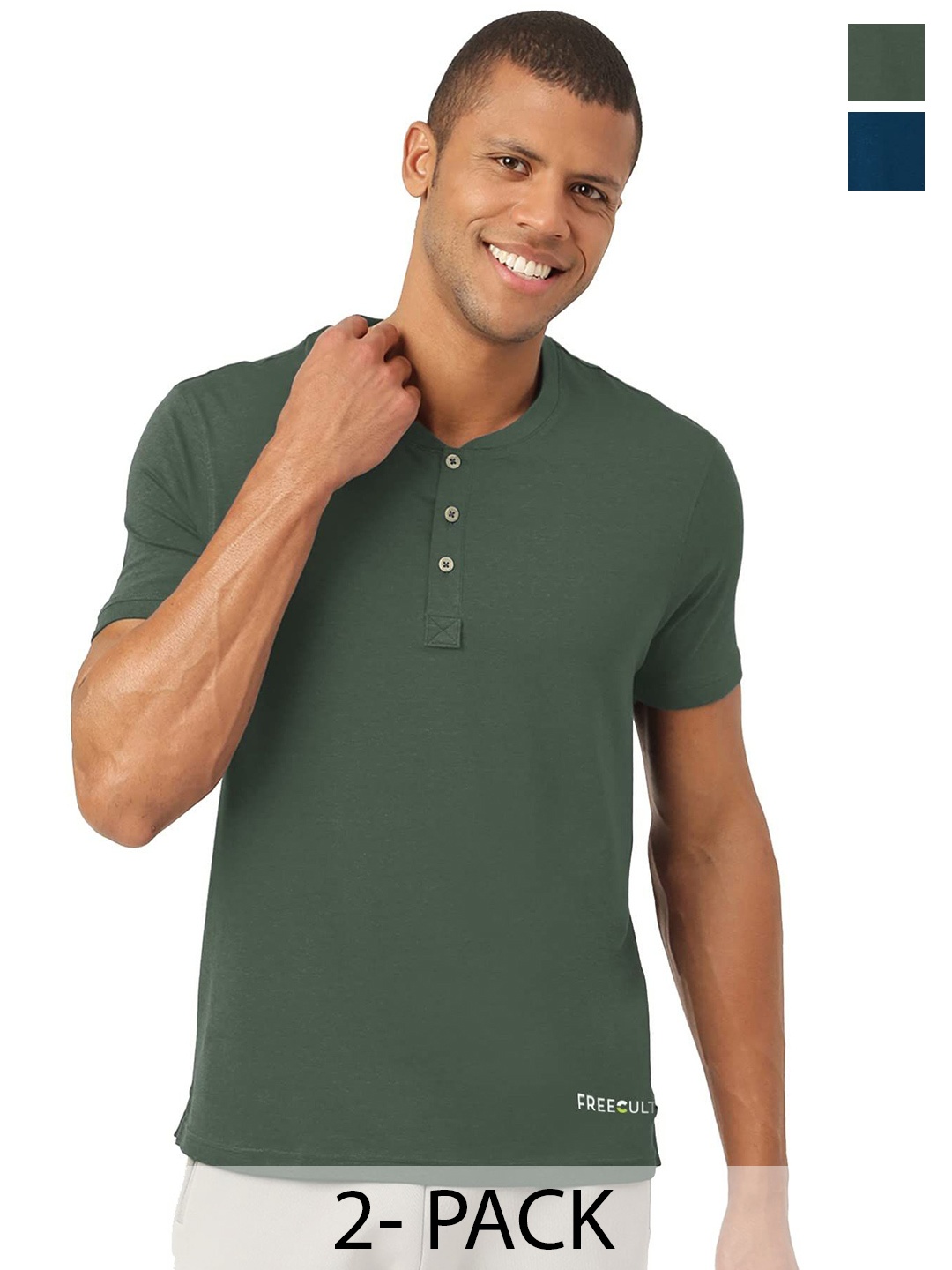 

FREECULTR Men Pack Of 2 Solid Henley Neck T-shirts, Green