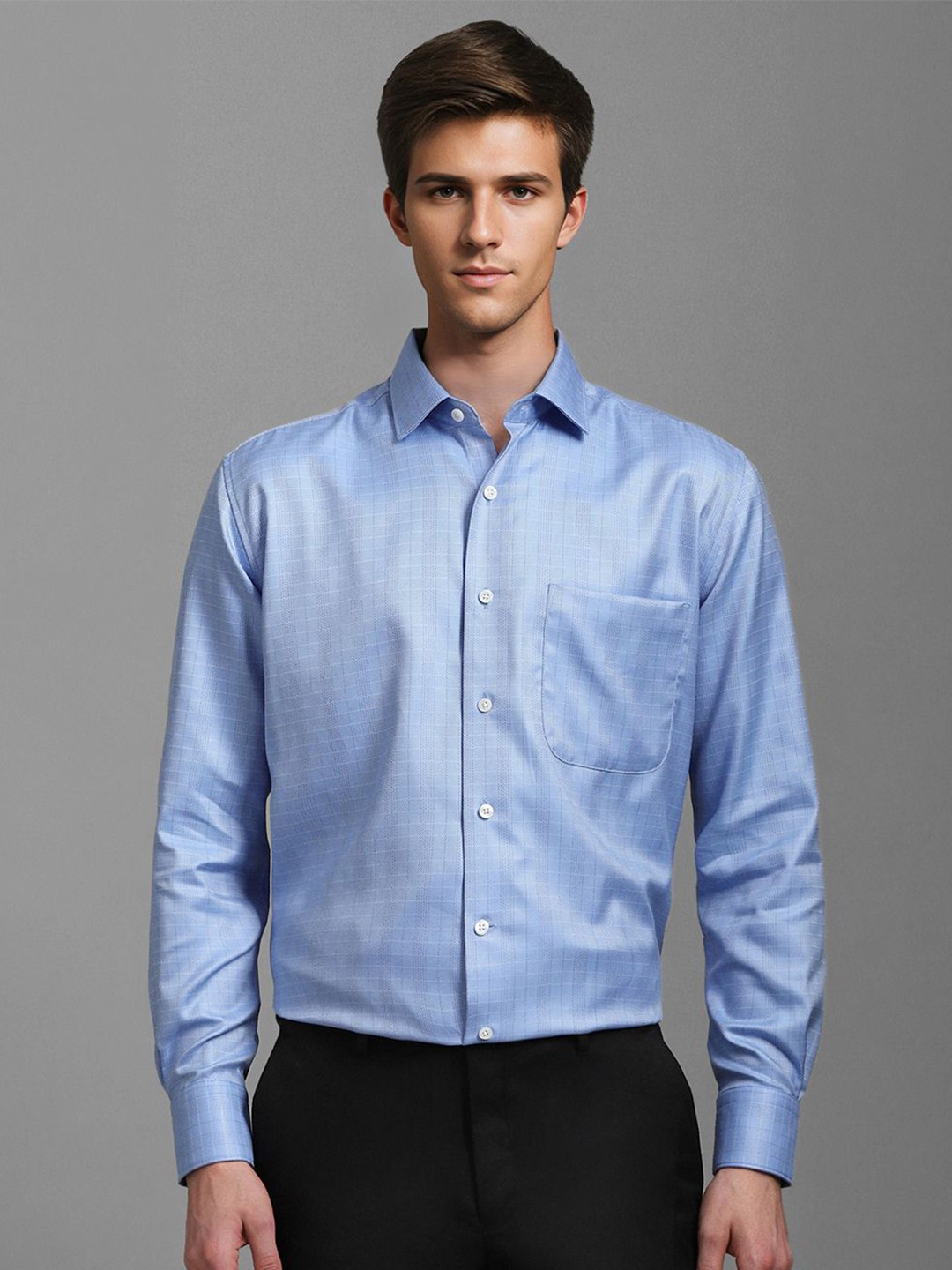 

Luxure by Louis Philippe Men Classic Spread Collar Checked Cotton Formal Shirt, Blue