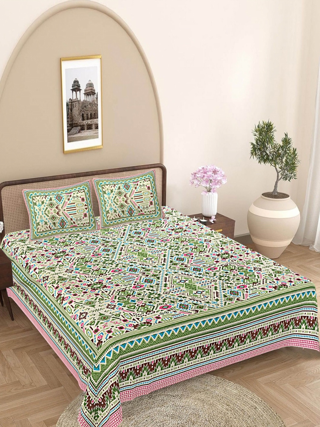 

FrionKandy Living Green Floral Printed 180 TC Cotton King Bedsheet Set 2.12 m x 2.62 m