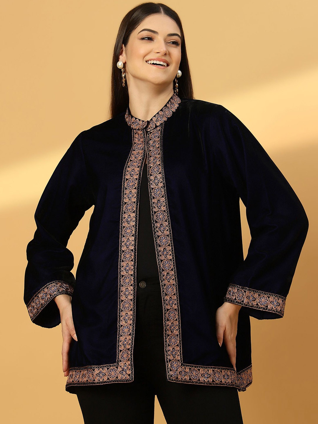 

Zamour Women Mandarin Collar Floral Embroidered Casual Tailored Jacket, Black
