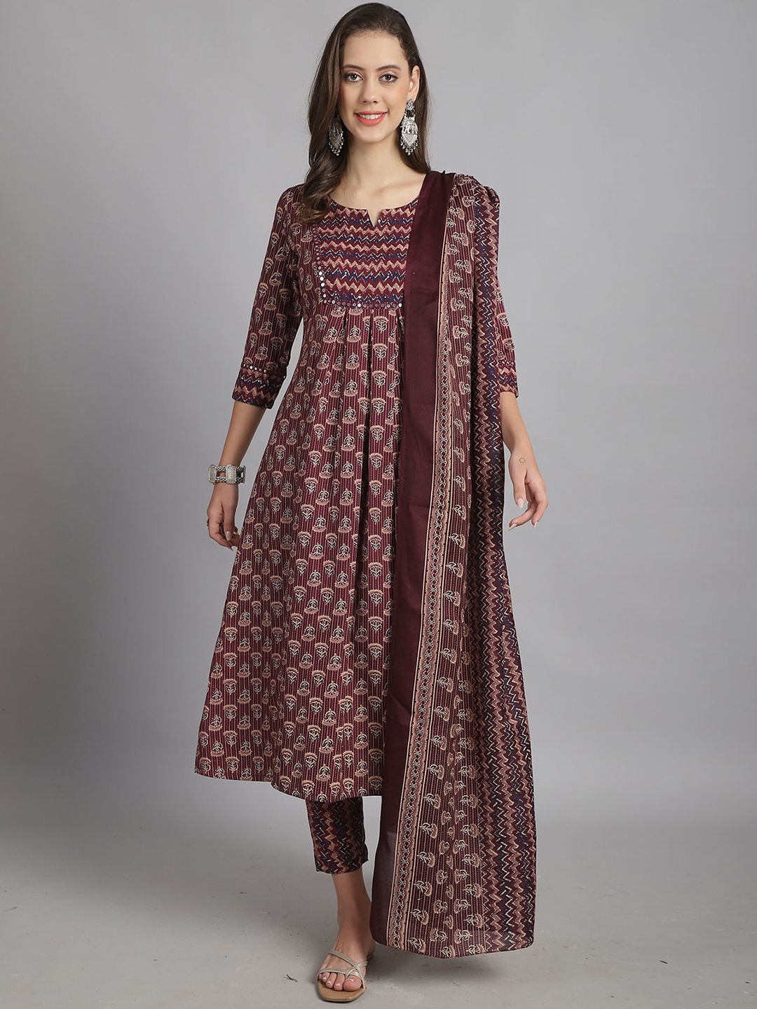 

Rajnandini Notch Neck Floral Printed Pleated A-Line Kurta with Trouser & Dupatta, Maroon