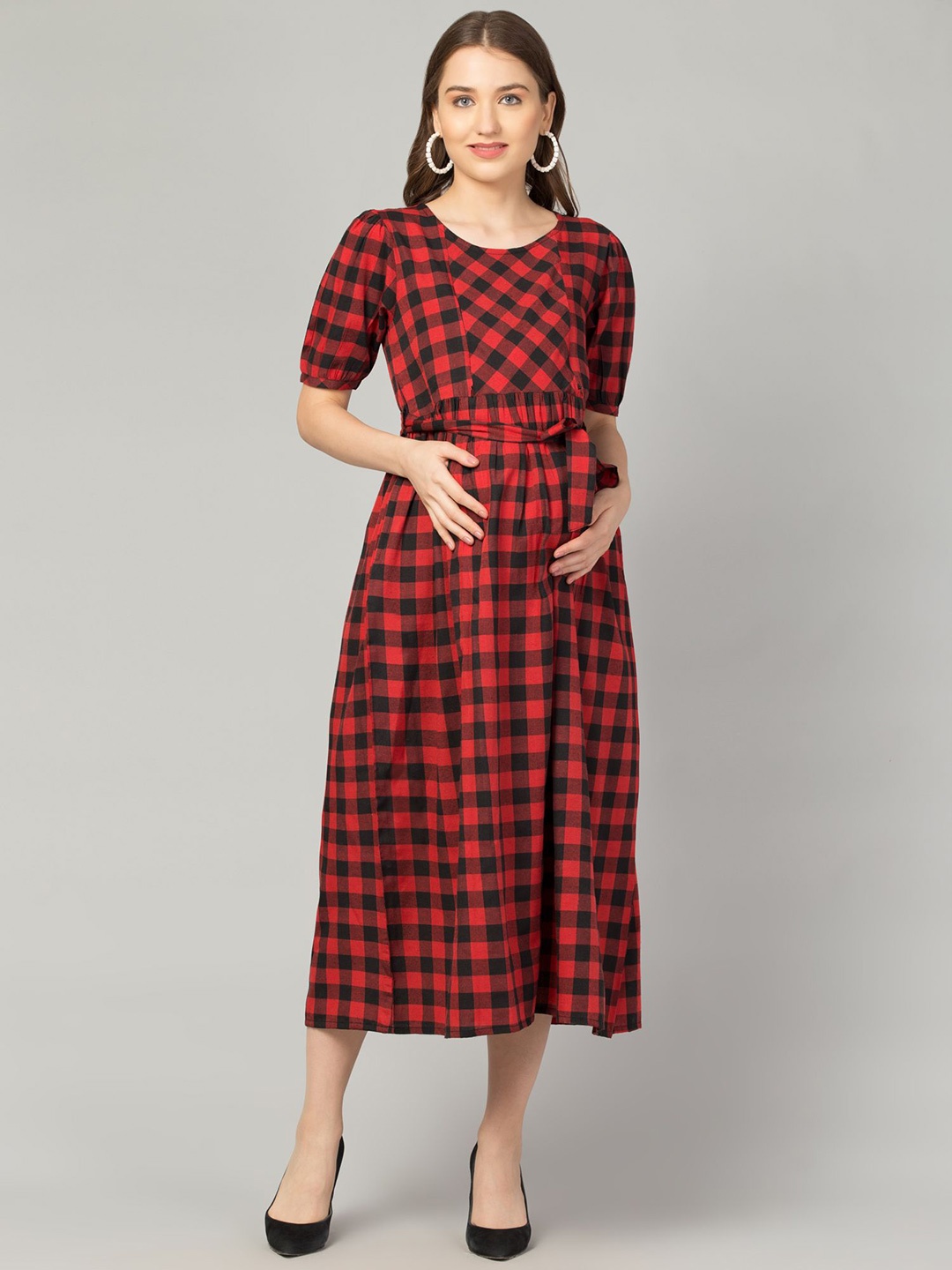

Zuvino Women Checked Cotton Maternity Fit & Flare Midi Dress, Red