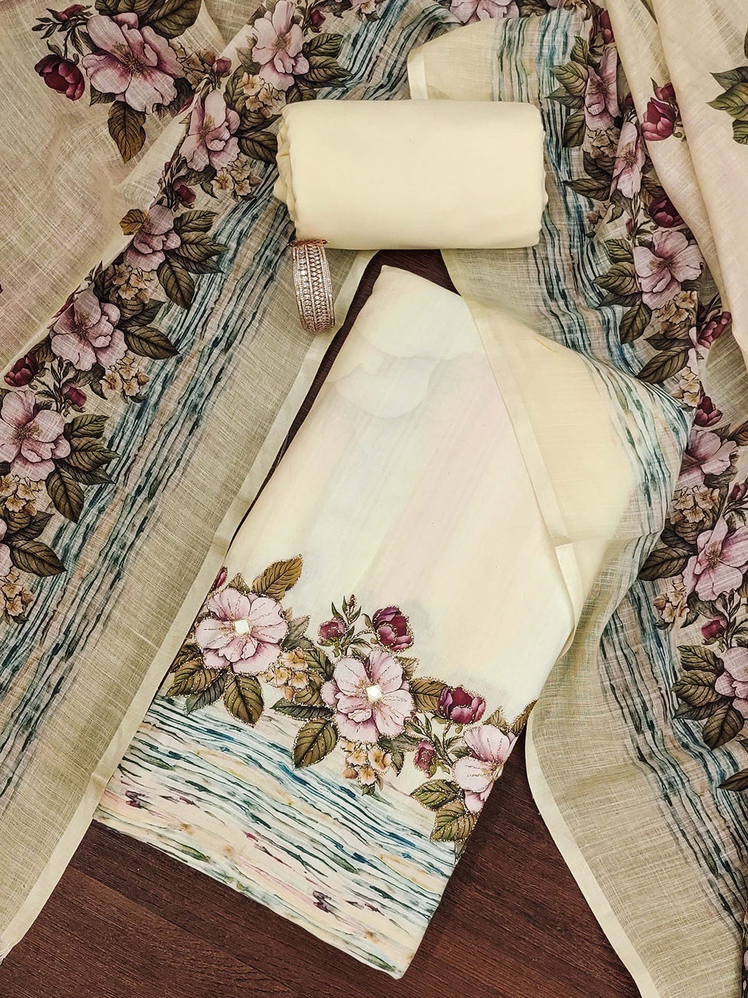 

KALINI Printed Linen Semi-Stitched Dress Material, Off white