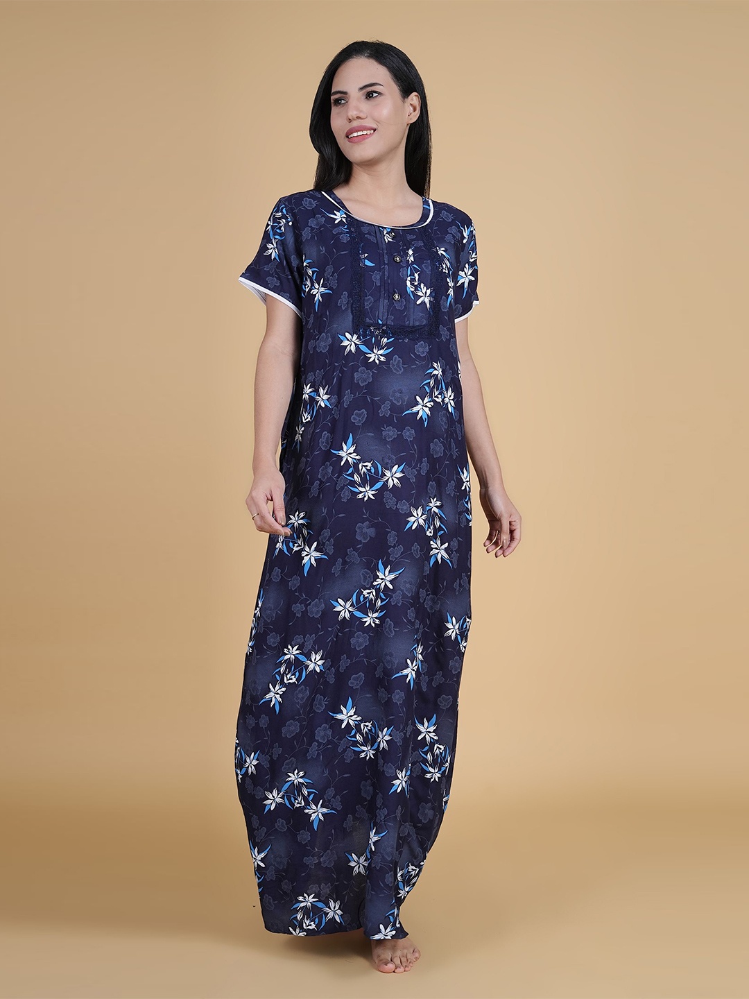 

Noty Women Printed Maxi Nightdress, Navy blue