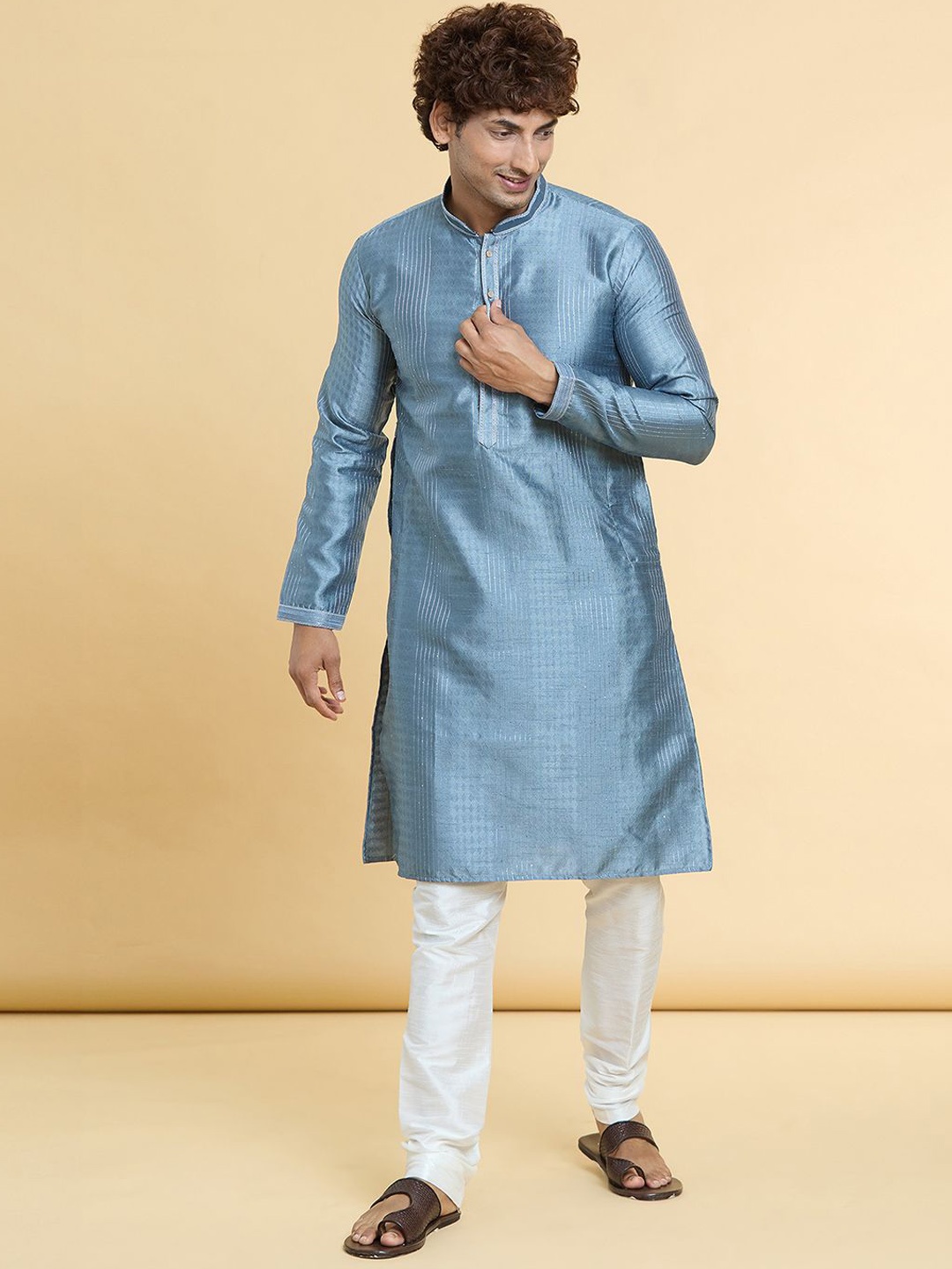 

Arihant Rai Sinha Striped Mandarin Collar Thread Work Straight Kurta With Trouser, Grey