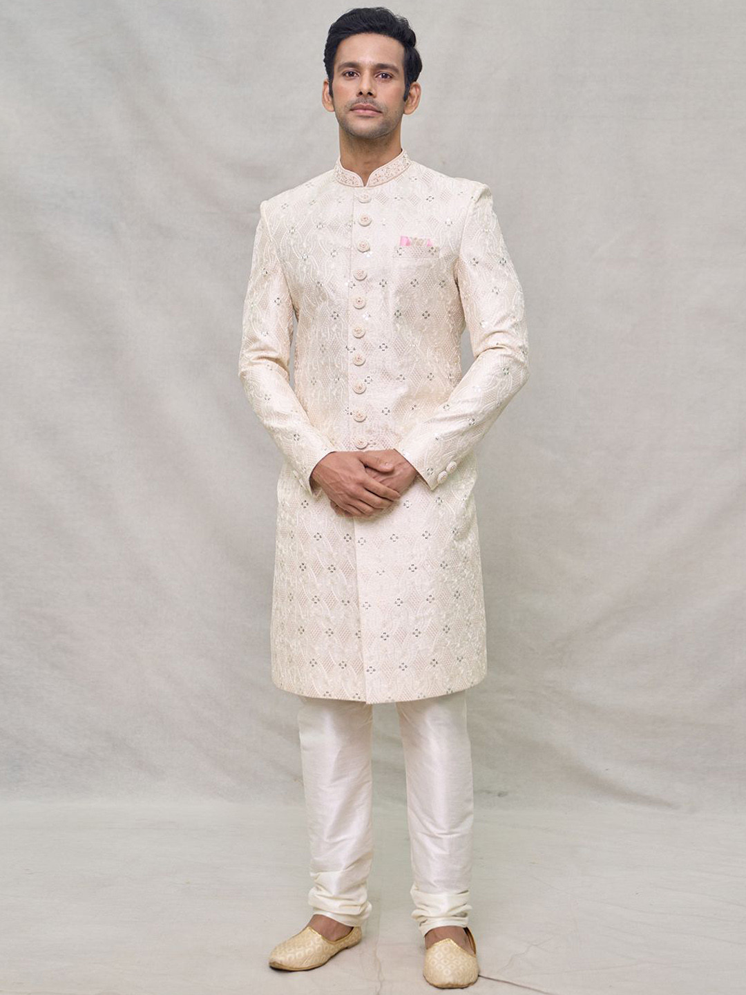 

Arihant Rai Sinha Men Sequin & Embroidered Silk Sherwani Set, Peach