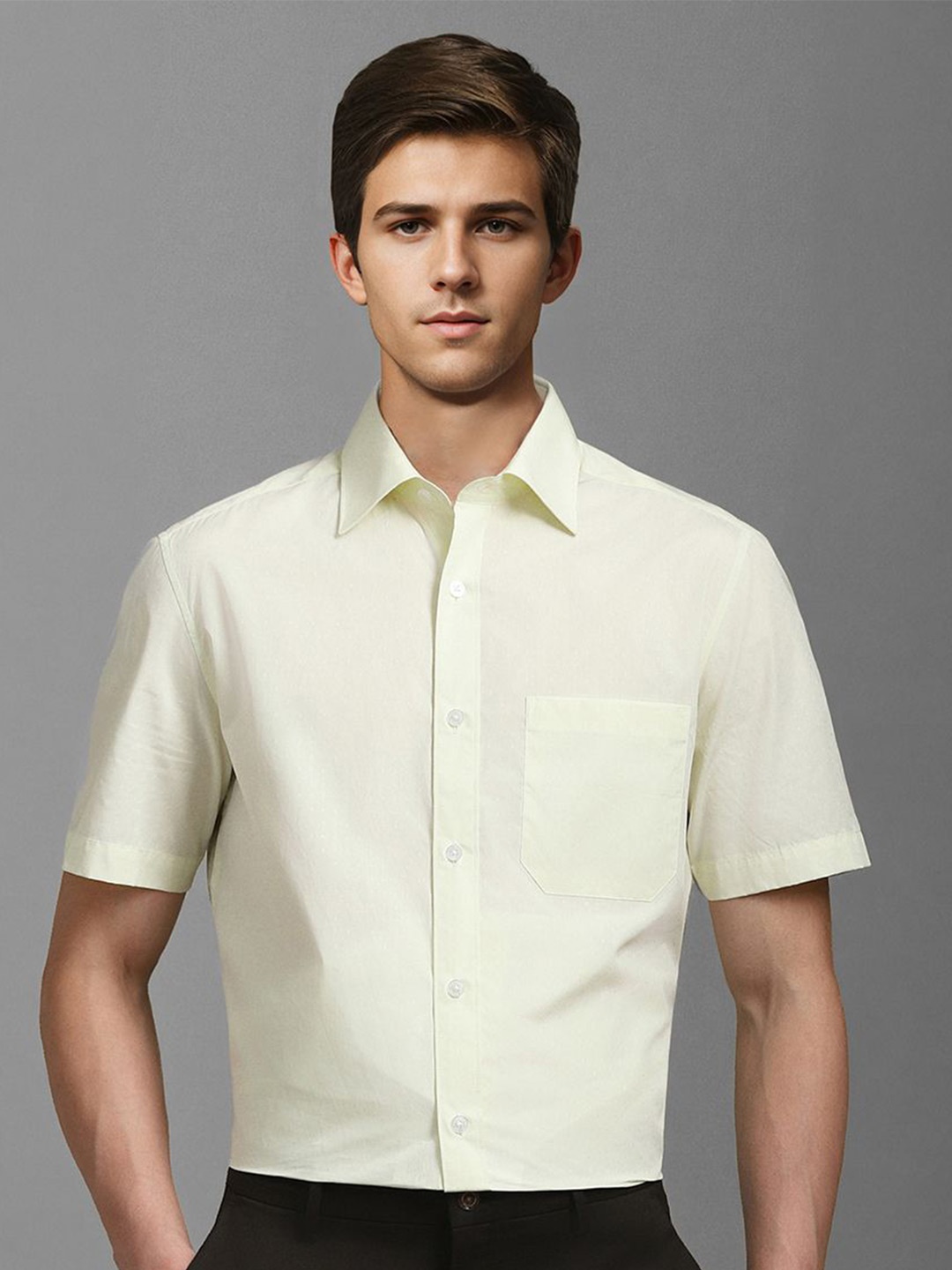 

Louis Philippe Men Classic Spread Collar Solid Cotton Formal Shirt, Cream
