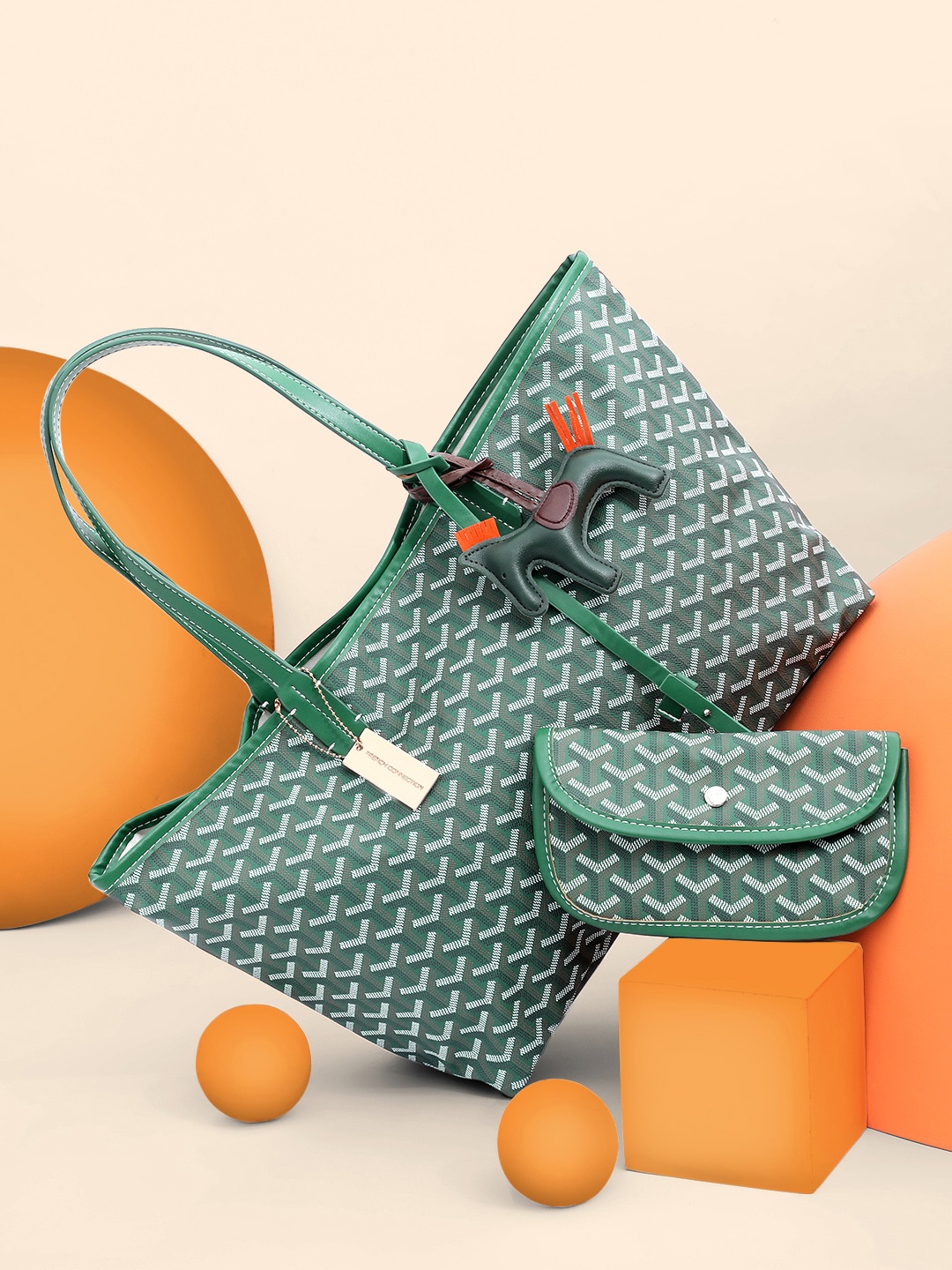 

French Connection Structured Geometric Print Oversized Tote Bag, Green