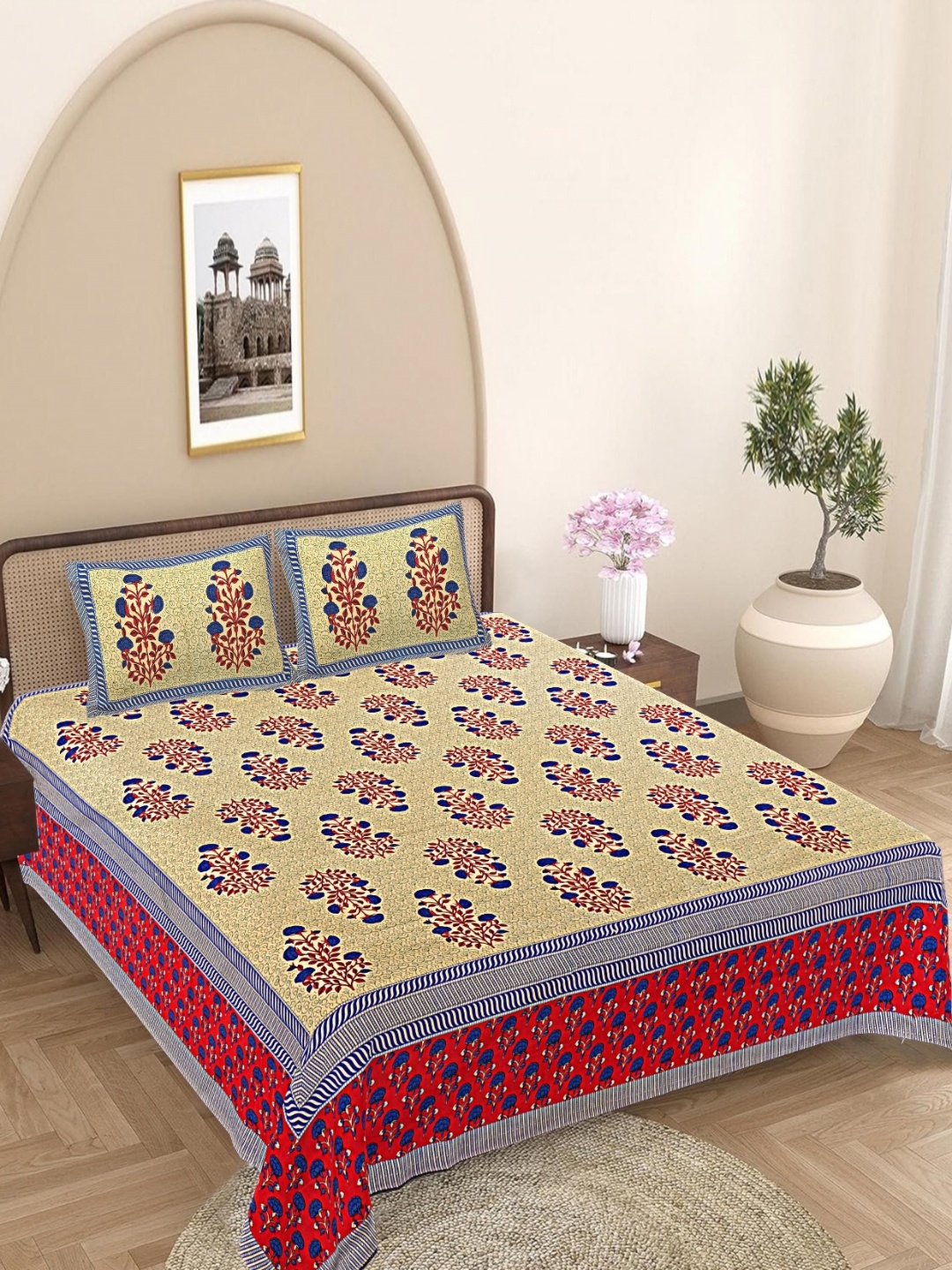 

FrionKandy Living Red Floral Printed Cotton 180 TC King Bedsheet Set 2.74 x 2.69 m