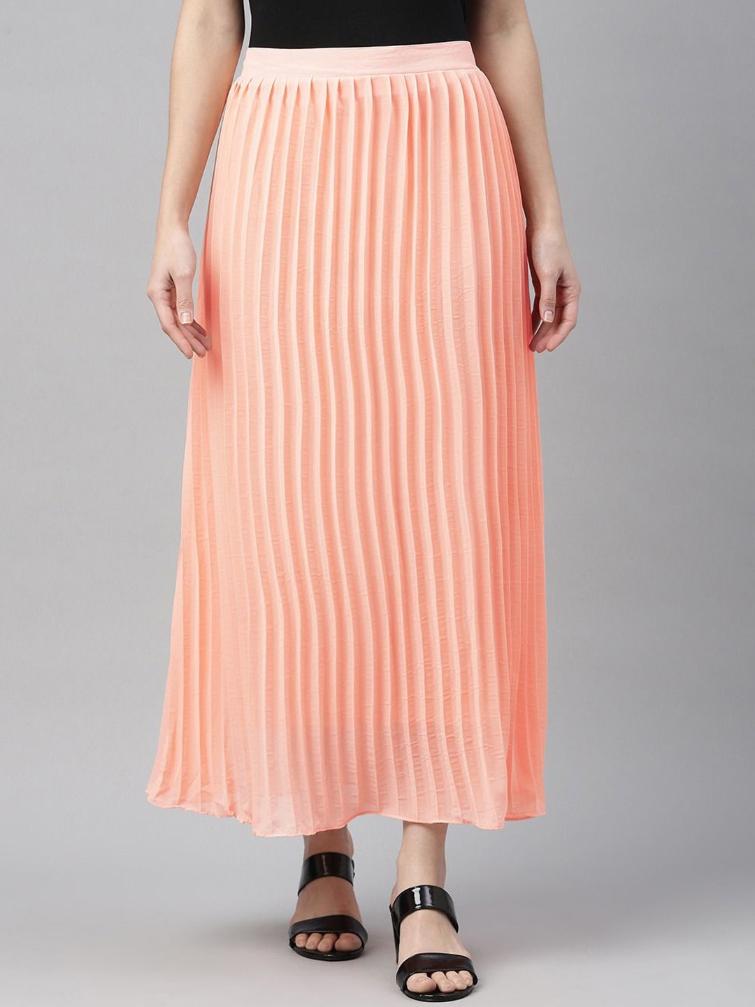 

SHECZZAR Women Pleated Georgette Flared Midi Skirts, Peach