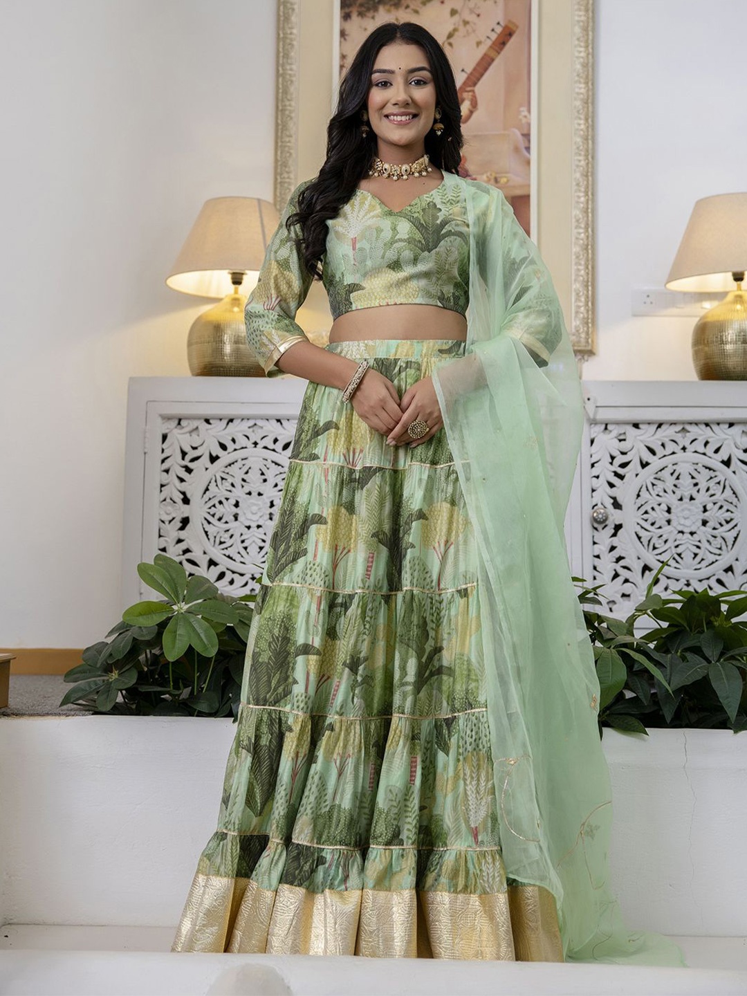 

KALINI Printed Ready to Wear Lehenga & Blouse With Dupatta, Green