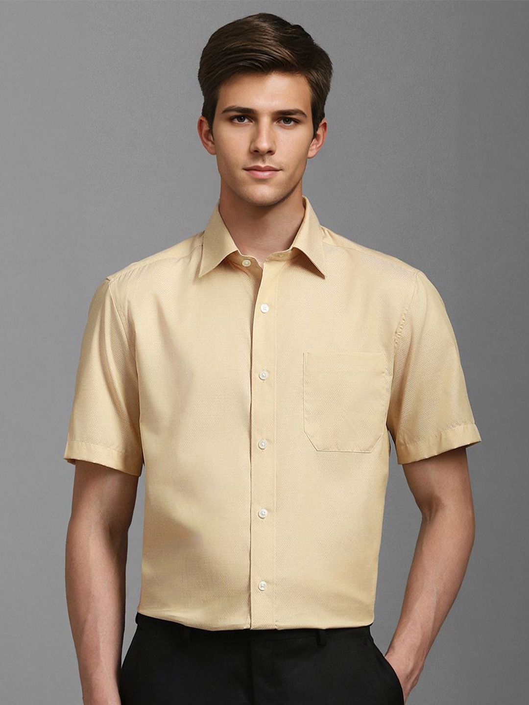 

Louis Philippe Men Classic Spread Collar Solid Cotton Formal Shirt, Beige