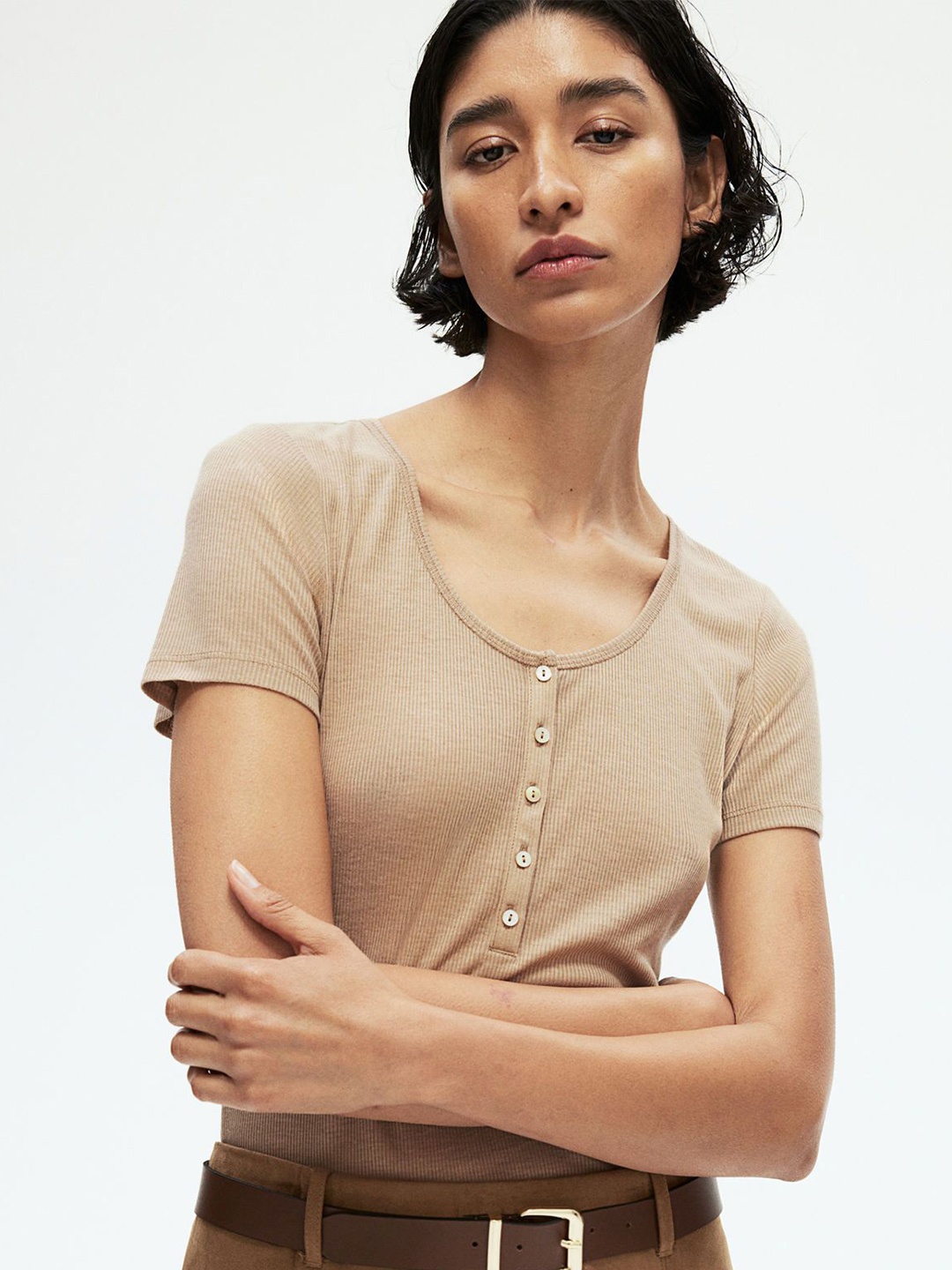 

H&M Short-Sleeved Henley Top, Beige