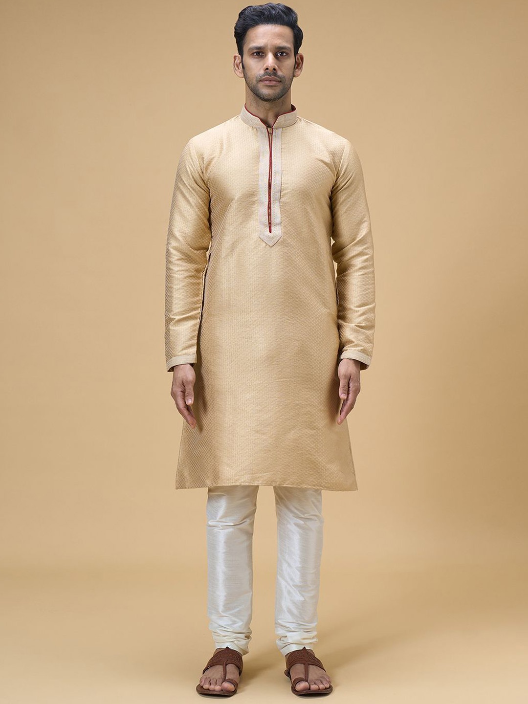 

Arihant Rai Sinha Self Design Mandarin Collar Straight Kurta With Churidar, Beige