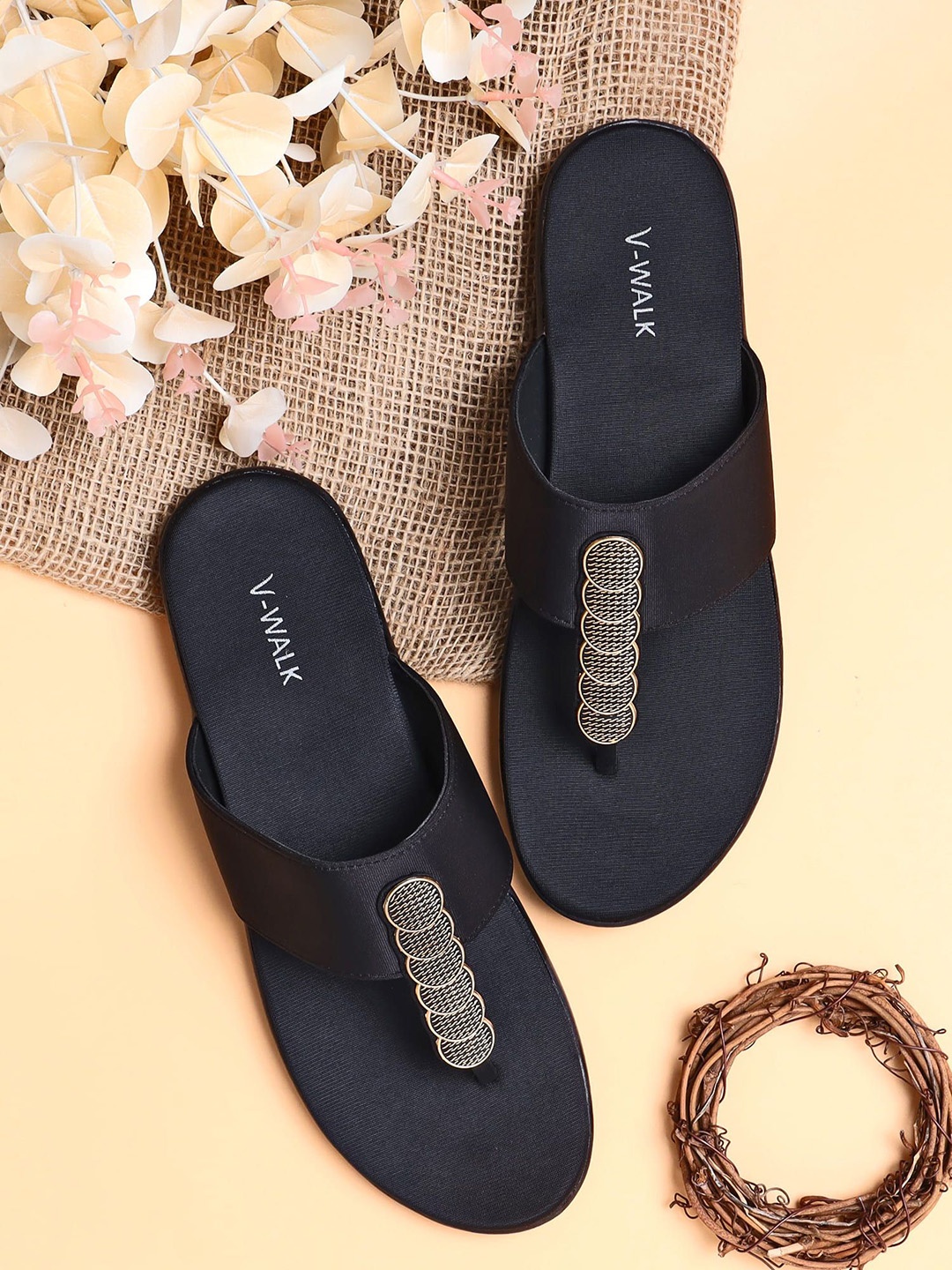 

V-WALK Women Embellished T-Strap Flats, Black
