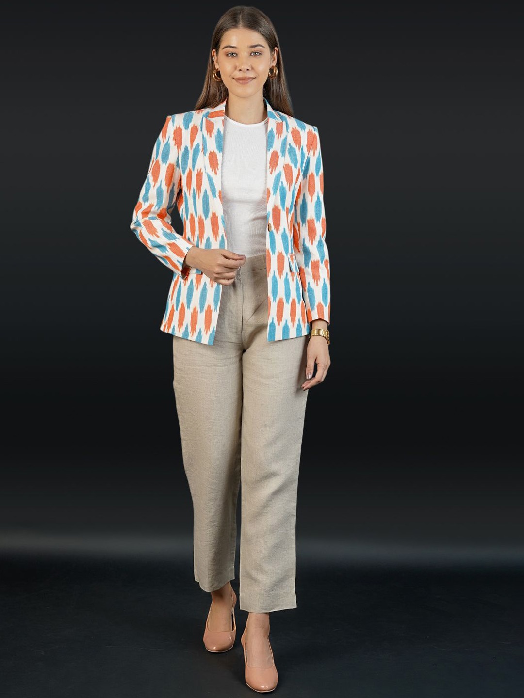 

INDOPHILIA Ikat Printed Notched Lapel Cotton Single Breasted Blazer, White