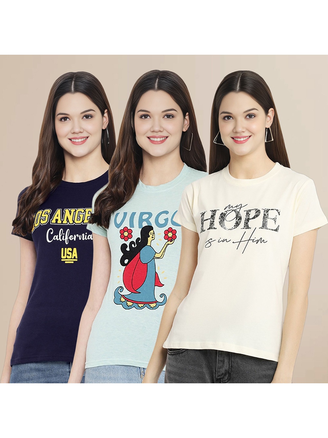 

Metronaut Women Pack Of 3 Typography Printed Round Neck Cotton T-shirts, Navy blue