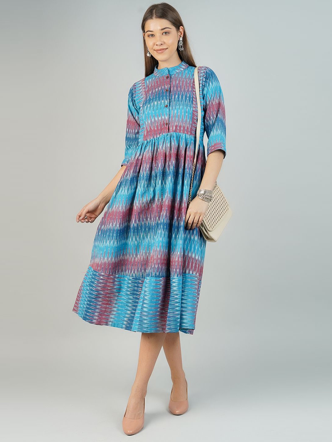 

INDOPHILIA Women Cotton Printed Midi Dress, Blue