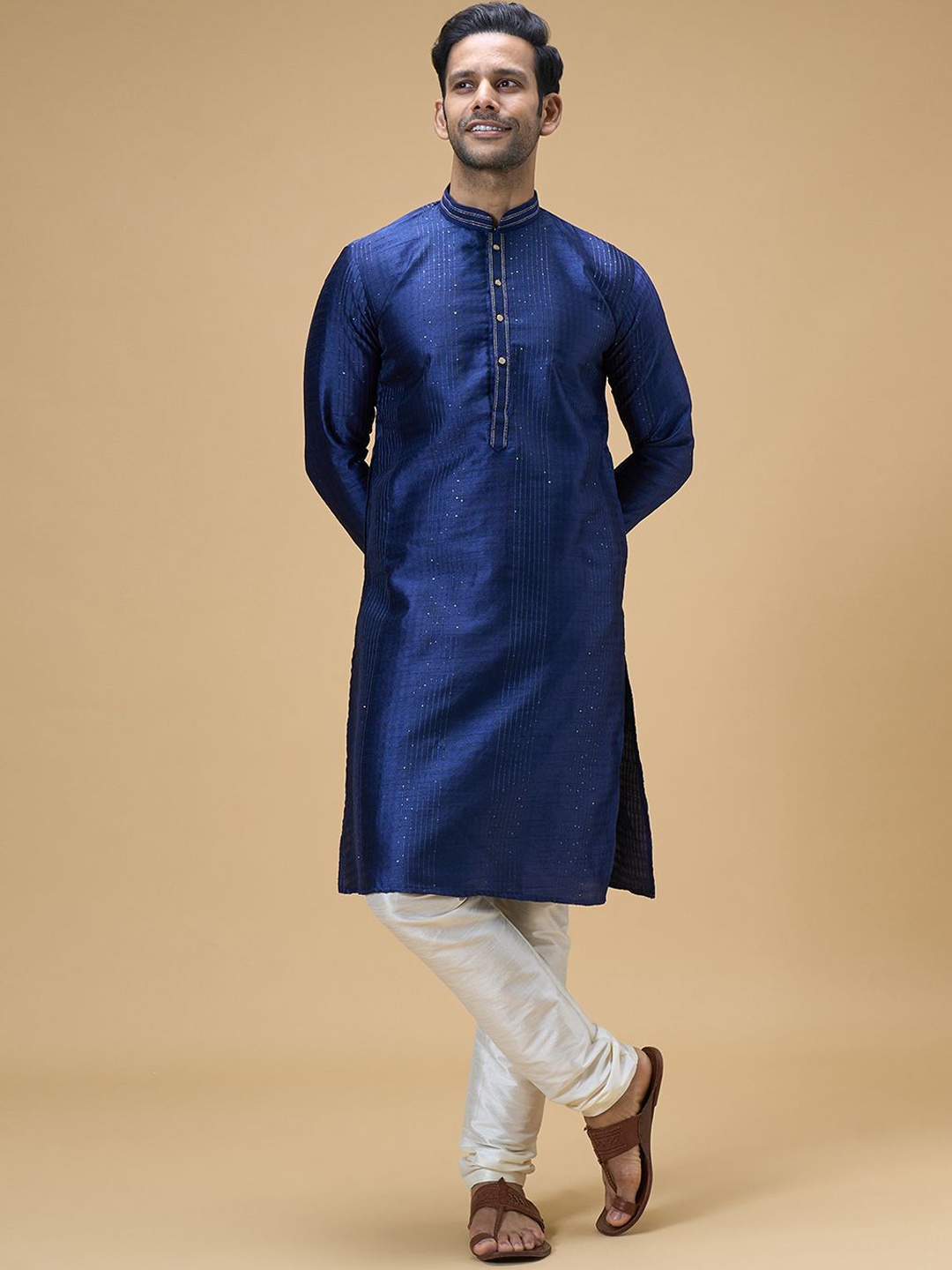 

Arihant Rai Sinha Sequinned Mandarin Collar Straight Kurta With Churidar, Blue