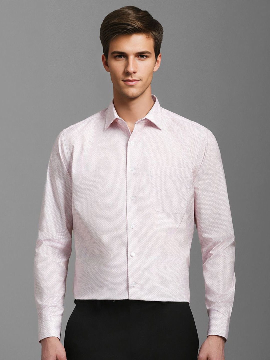 

Louis Philippe Men Spread Collar Geometric Printed Cotton Slim Fit Formal Shirt, Pink