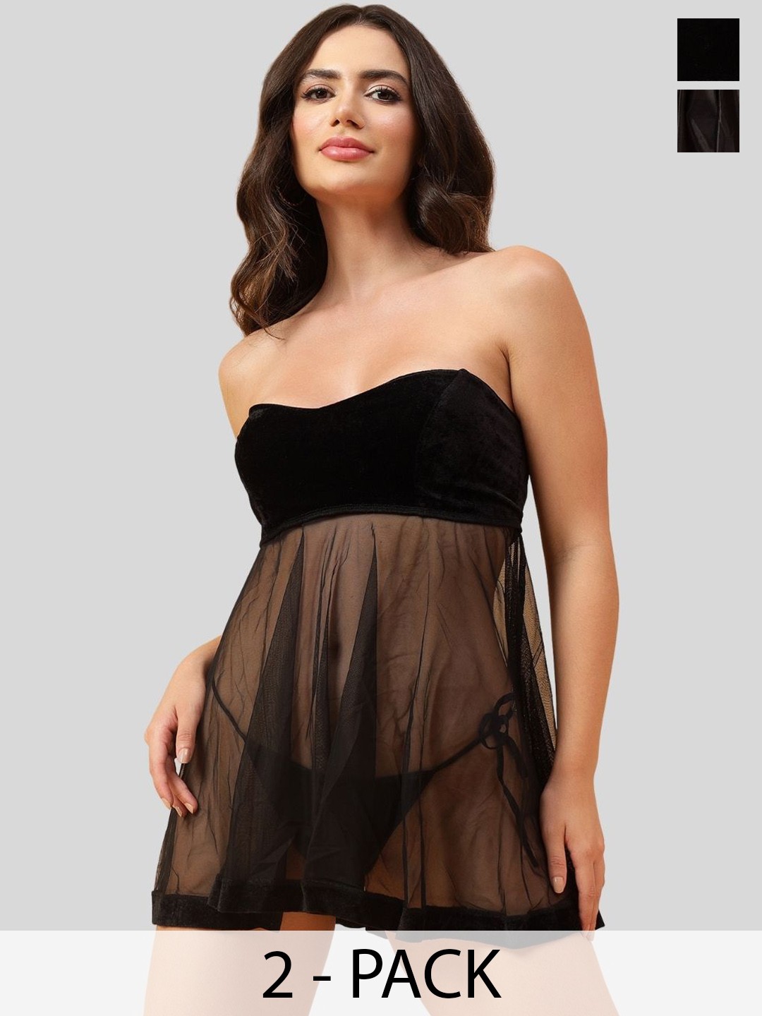 

Velvi FIGURE Women Set Of 2 Self Design Strapless Flared Baby Doll, Black